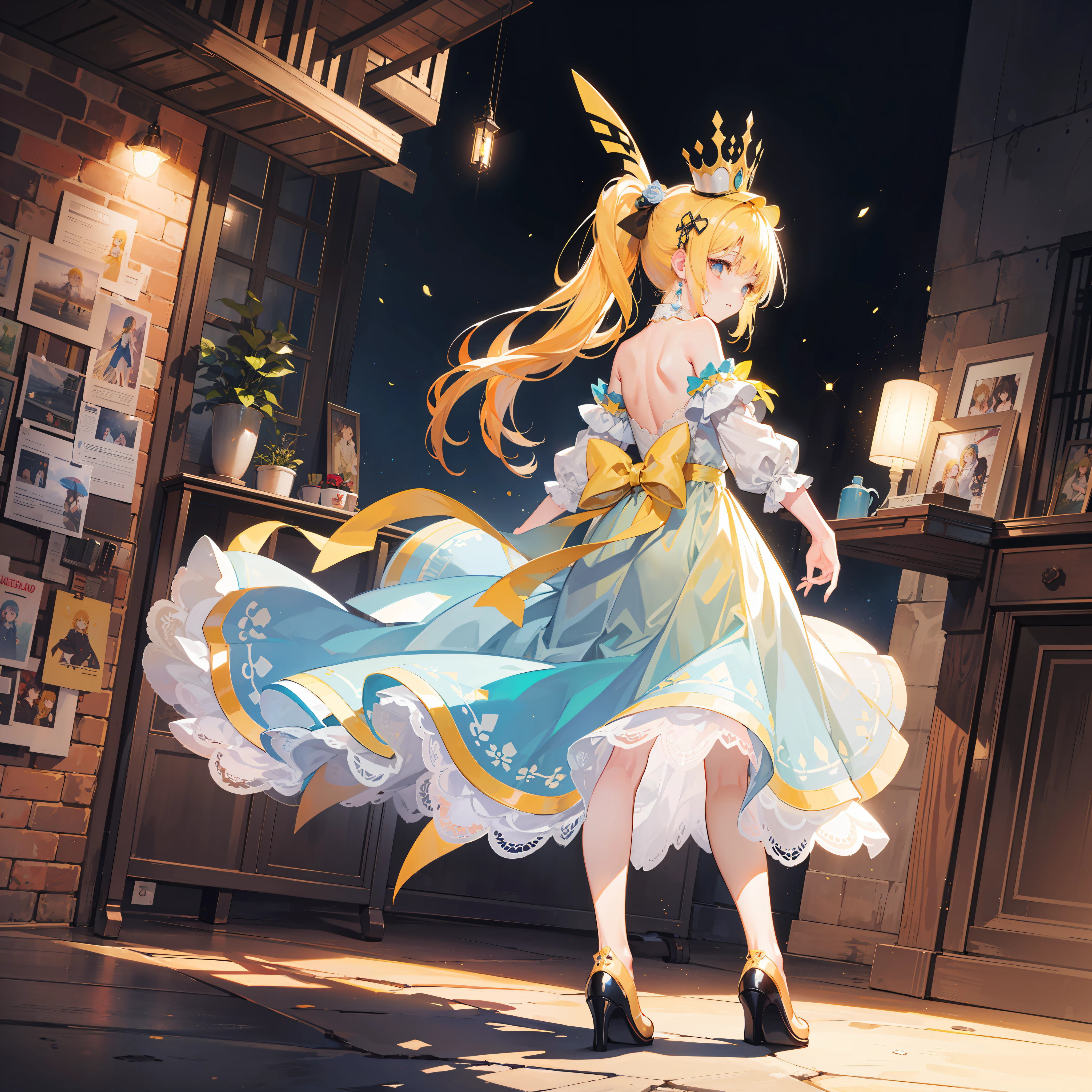 Masterpiece, best quality, (very detailed CG Unity 8k wallpaper) (best quality), (best illustration), (best shadow) (full body picture), double ponytail girl, light blue princess dress, big bow back ornament, yellow tunic, top hat headdress, yellow haired girl, cute, cute