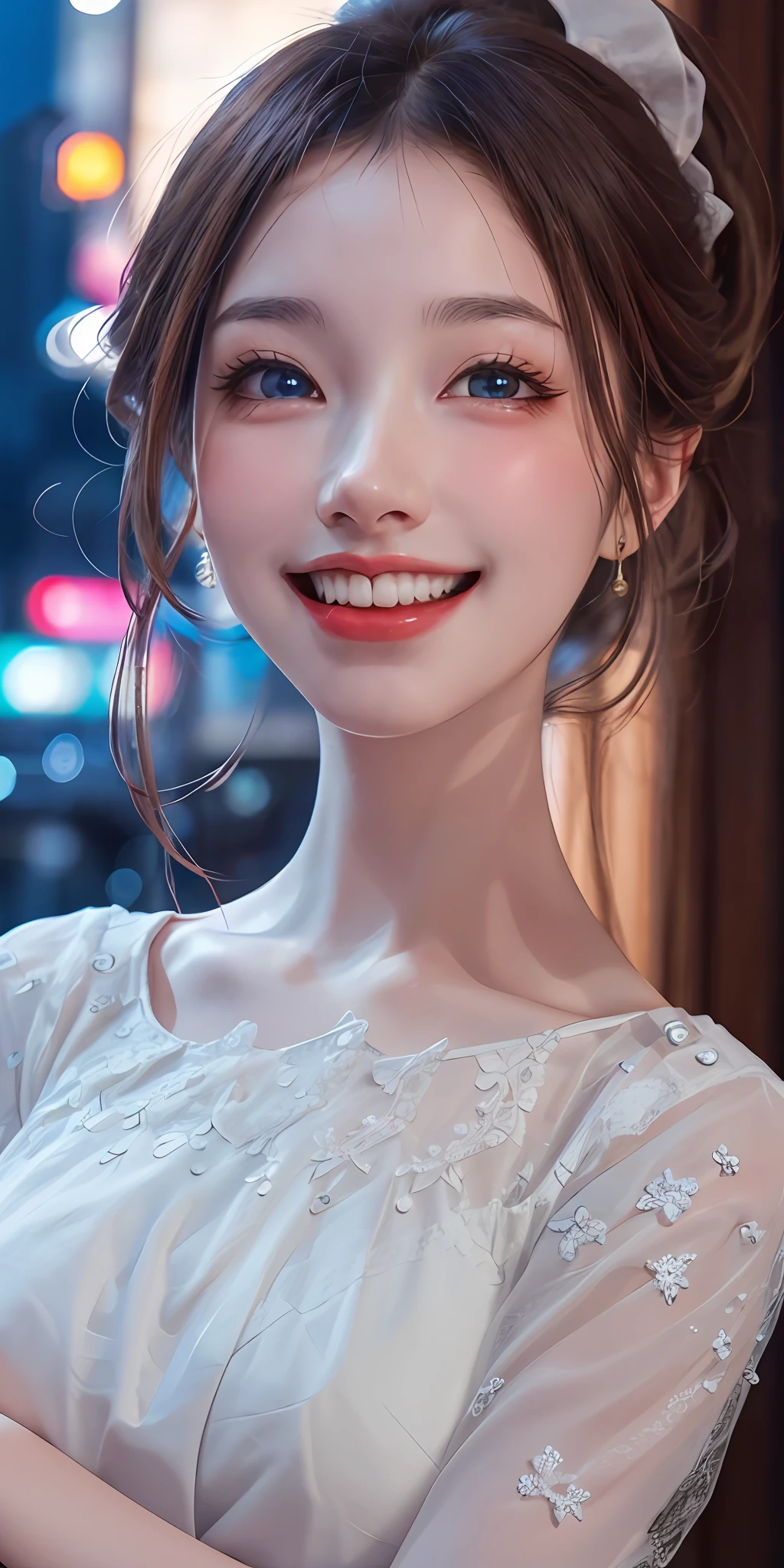1girl, (wearing a cute ruffled dress), (RAW photo, best quality), (realistic, photorealistic:1.40), masterpiece, very delicate and beautiful, highly detailed, 2k wallpaper, amazing fine detail, (full body:1.0), highly detailed cg unity 8k wallpaper, ultra detail, high resolution, soft light, beautiful detailed girl, highly detailed eyes and face, beautiful detailed nose, Beautiful detailed eyes, movie lighting, night city lights, perfect anatomy, (smile: 0.8), big breasts, chuckled smile, tongue stick, ponytail