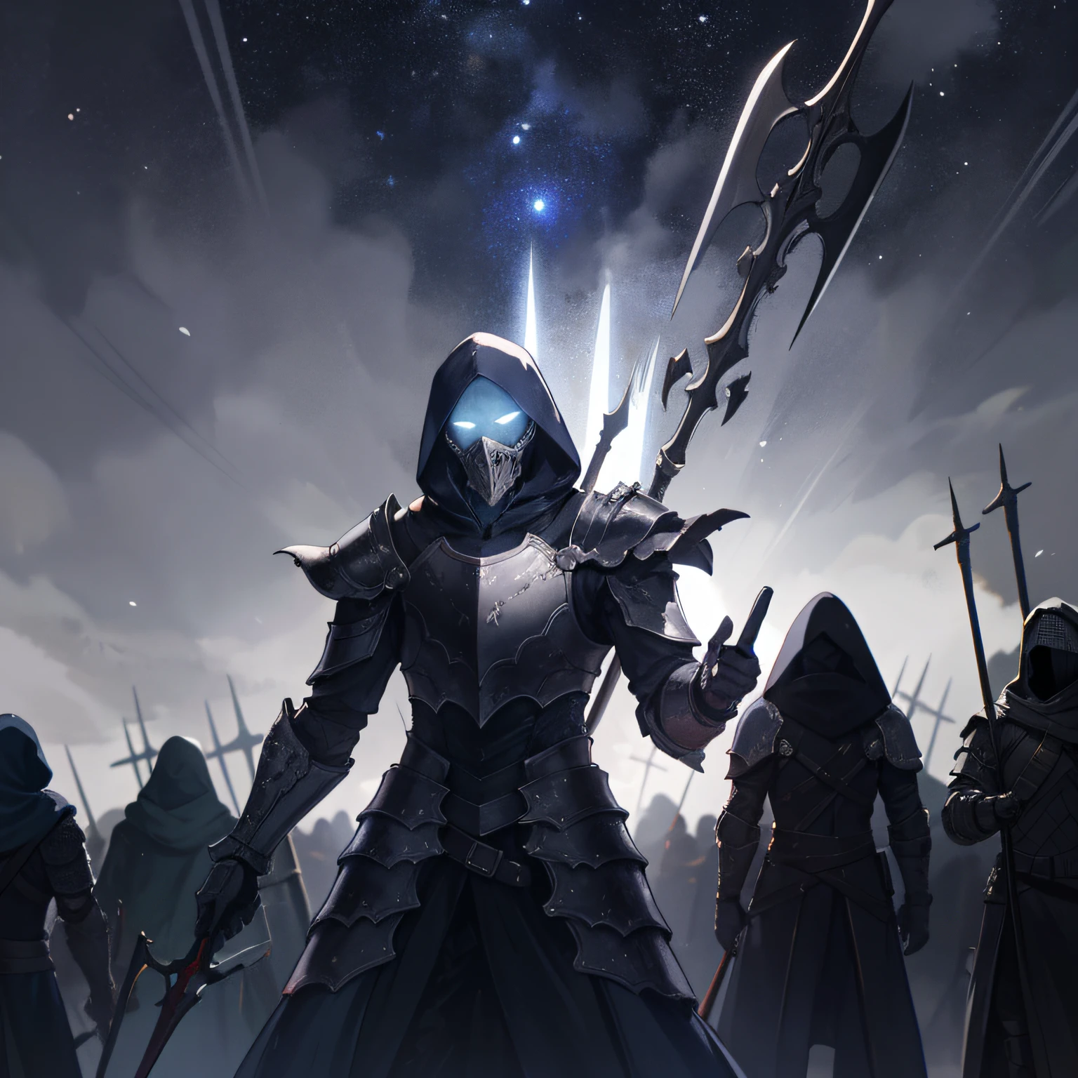 man, a necromancer with marked standing in the center of a battlefield, face covered, hood, holding a spear, aggressive pose, black hair, real, shadow soldiers around, intimidating, ornate armor, blurry background, natural lighting, 1080, starry night, dark souls, dark, black armor, golden details, combat