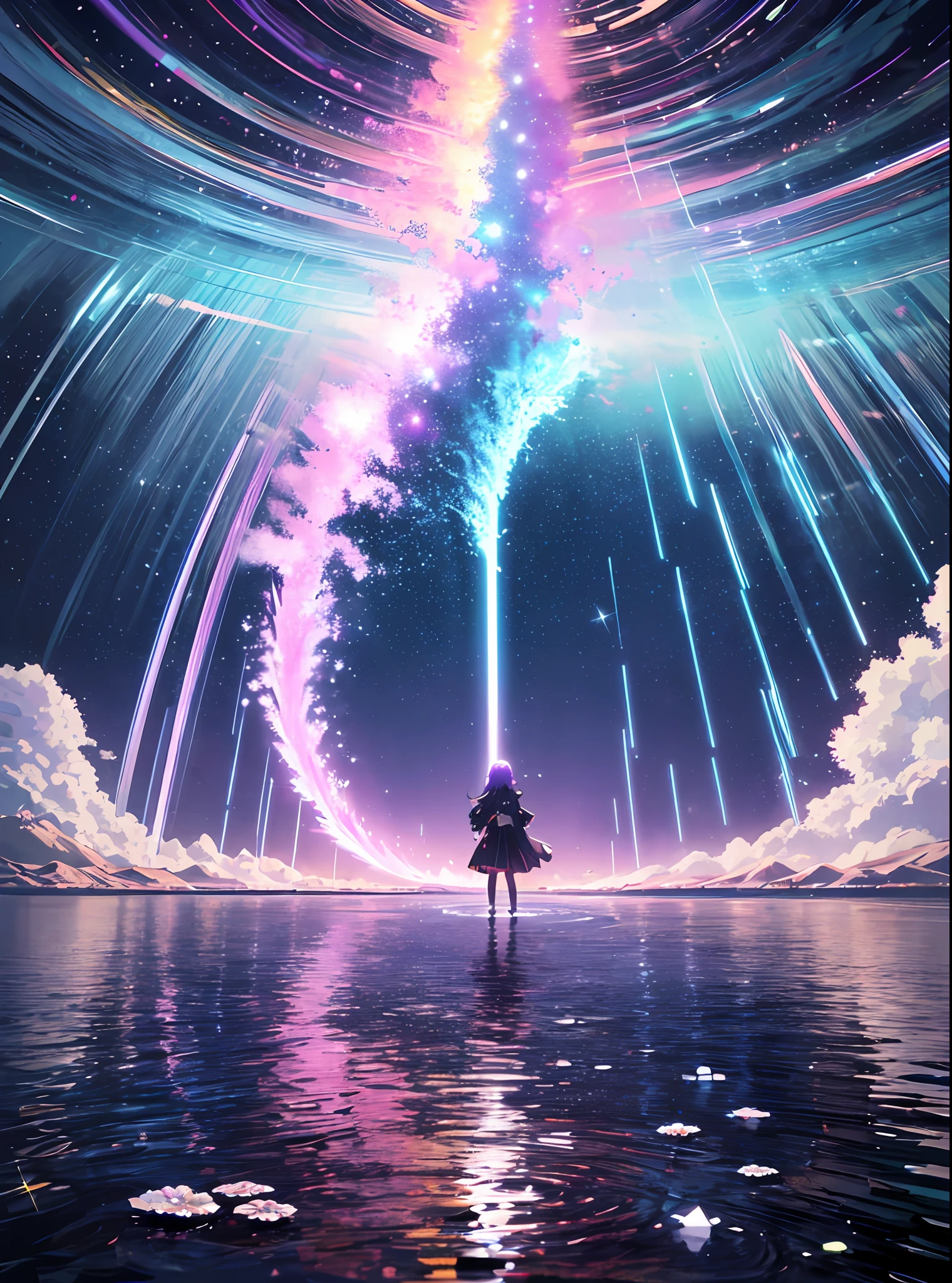 absurdity, high definition, (official art, beauty and aesthetics: 1.2),
1 girl, purple hair, middle hair, purple crystal eyes, shiny eyes,
purple sky, glittering galaxies, (Uyuni salt marsh: 1.2),
(Surrealism: 1.15), (fractal art: 0.3),
Water effect, ripple effect, (flower effect: 0.65), light effect, 8K wallpaper,