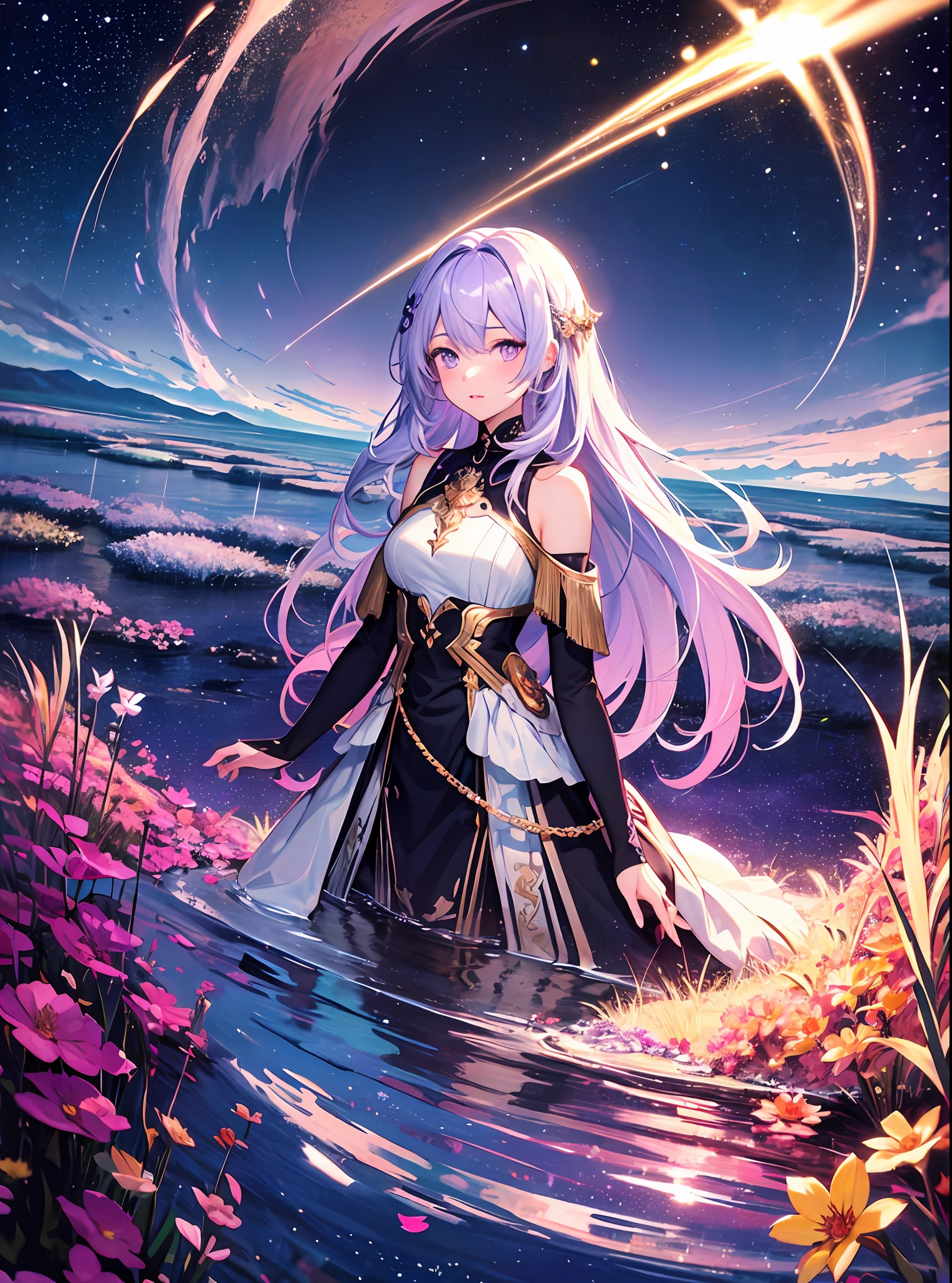 absurdity, high definition, (official art, beauty and aesthetics: 1.2),
1 girl, purple hair, middle hair, purple crystal eyes, shiny eyes,
purple sky, glittering galaxies, (Uyuni salt marsh: 1.2),
(Surrealism: 1.15), (fractal art: 0.3),
Water effect, ripple effect, (flower effect: 0.65), light effect, 8K wallpaper,