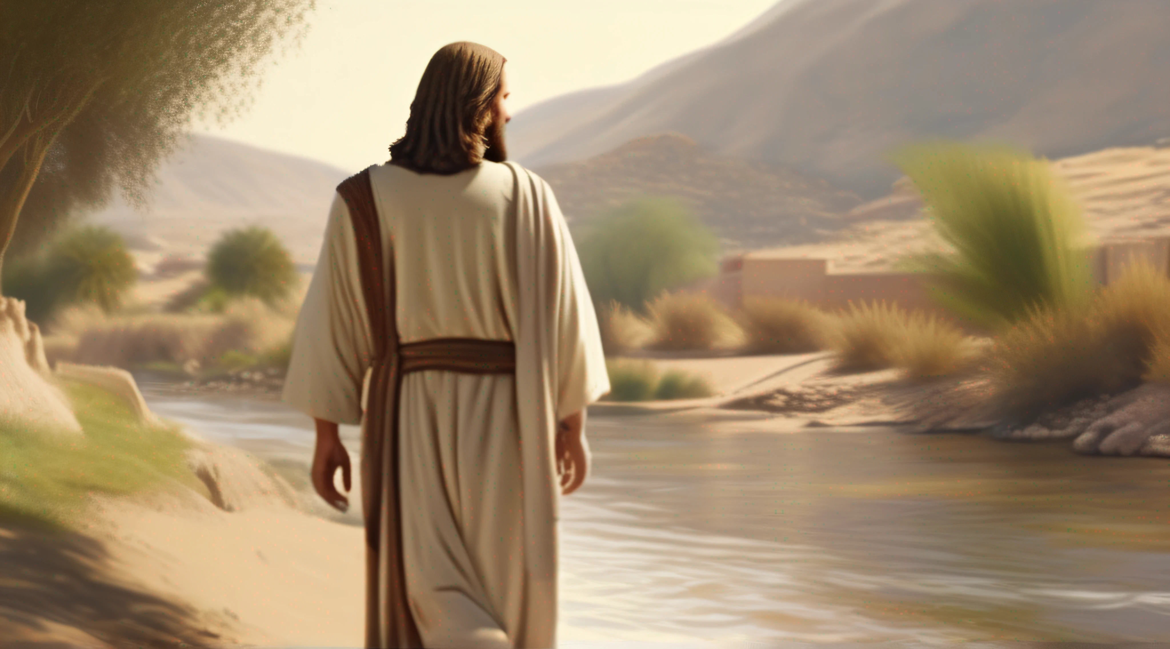 jesus walking on the bank of the jordan river, realistic image, detailed scenery, masterpiece, 8K --ar 16:9