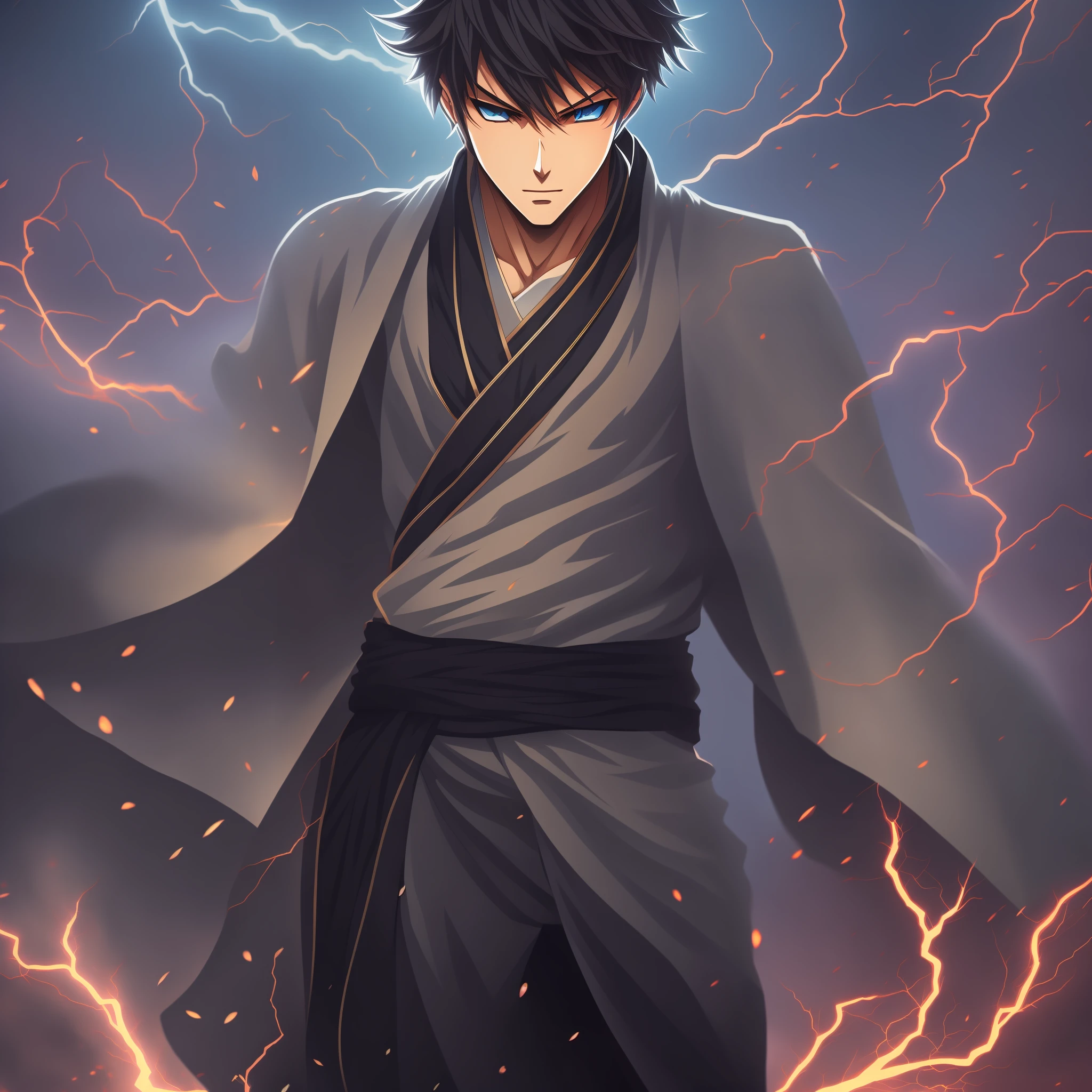 1boy, grey kimono, short hair black, black eyes, looking forward, front, dark background, clean design, hyper detailed intricate details, 8k resolution, deviantart masterpiece, heavy strokes, lightning magic, anime strokes, adult man, eye lighting