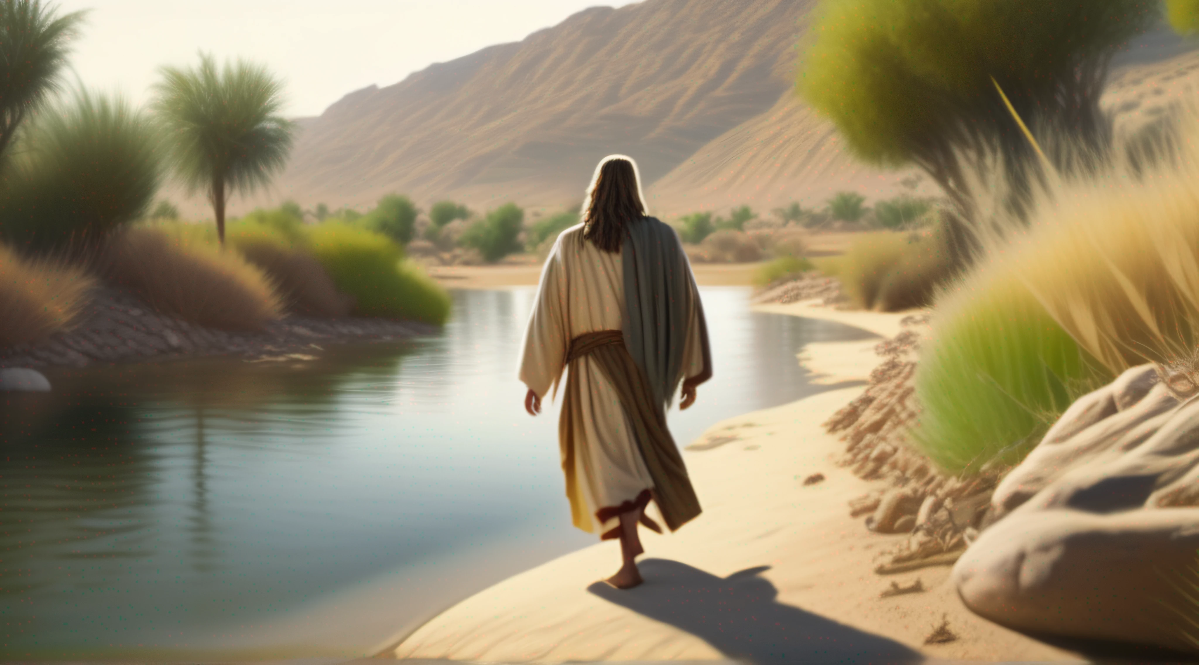 jesus walking on the bank of the jordan river, realistic image, detailed scenery, masterpiece, 8K --ar 16:9