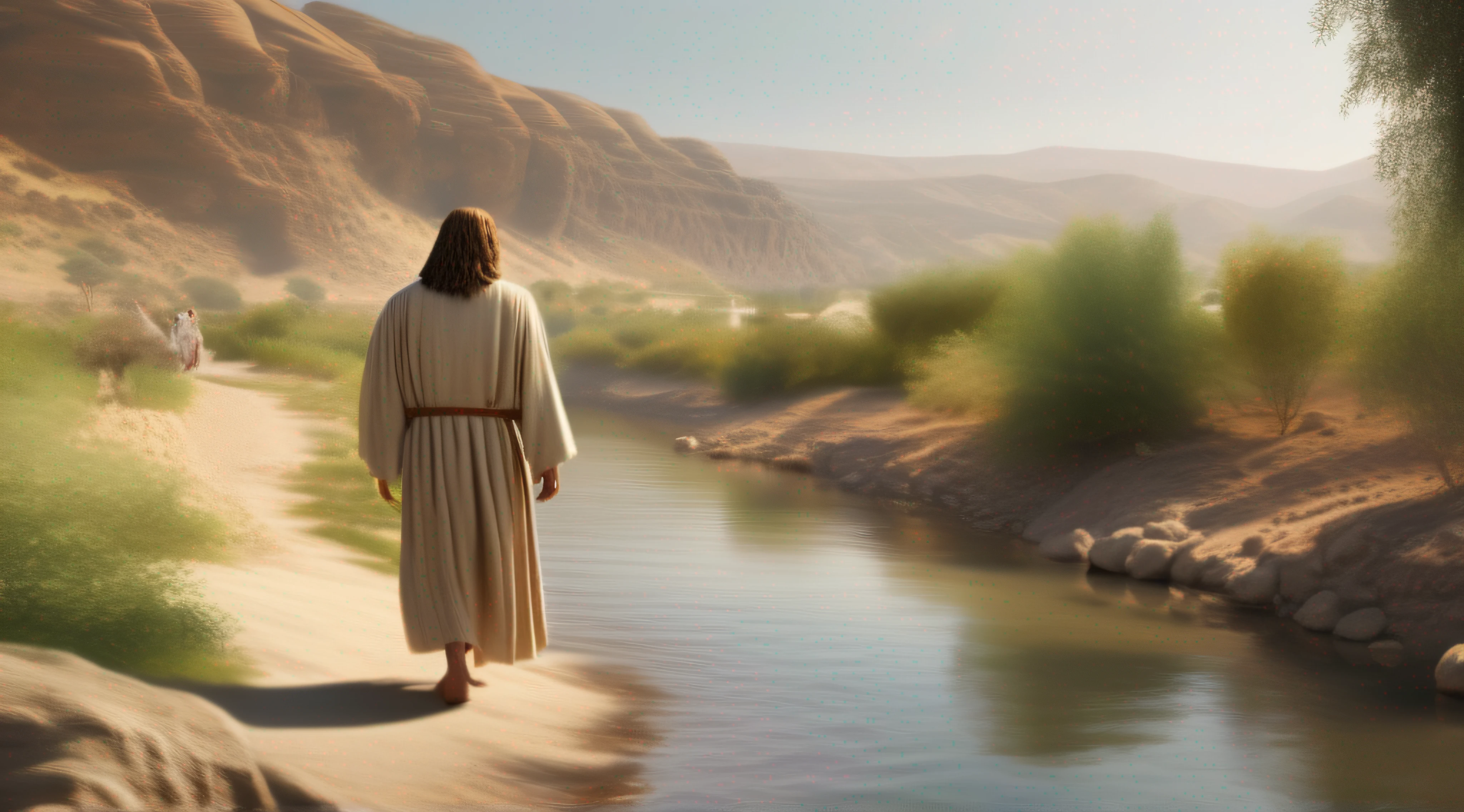 Jesus walking on the bank of the Jordan River, realistic image, detailed scenery, masterpiece, sharp image, 8K --ar 16:9