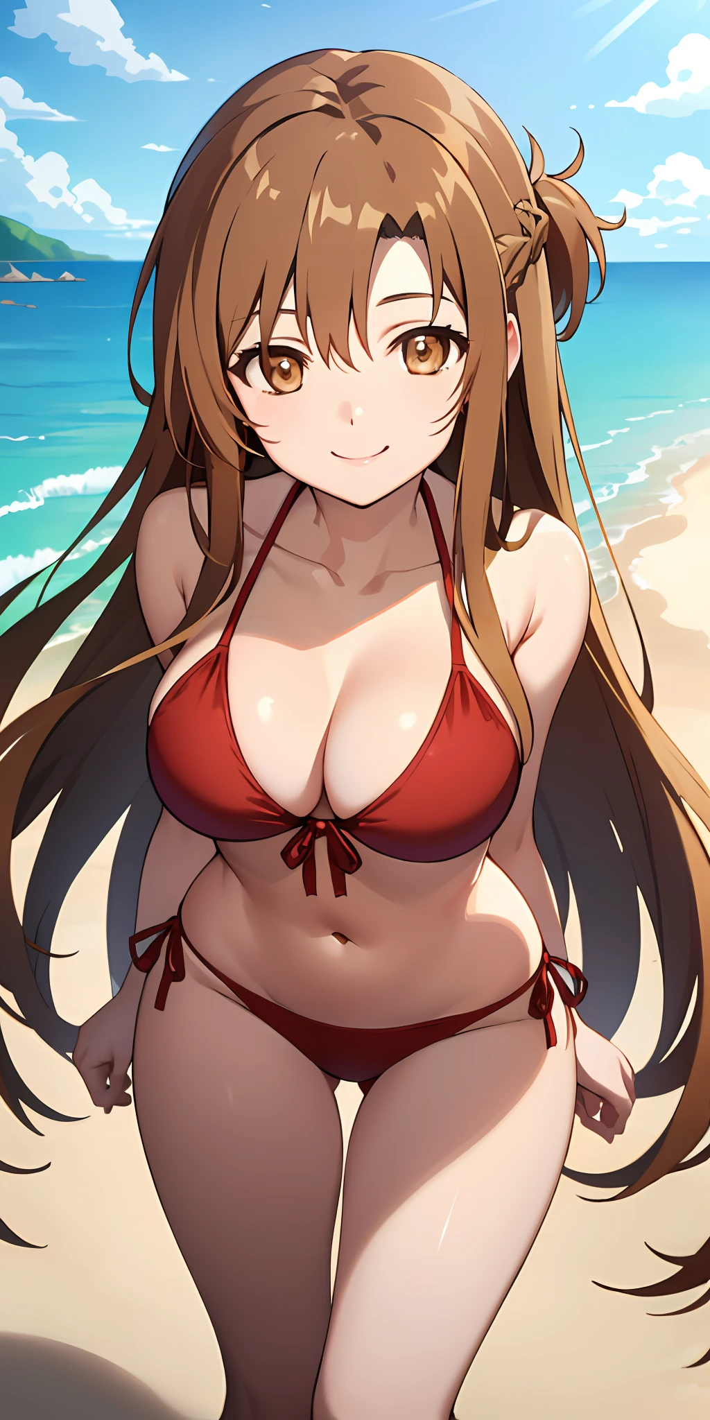 (Best quality:1.3), asuna yuuki, light brown long hair, (brown eyes:2), large breasts, thighs, bikini, smiling, (pov), beach