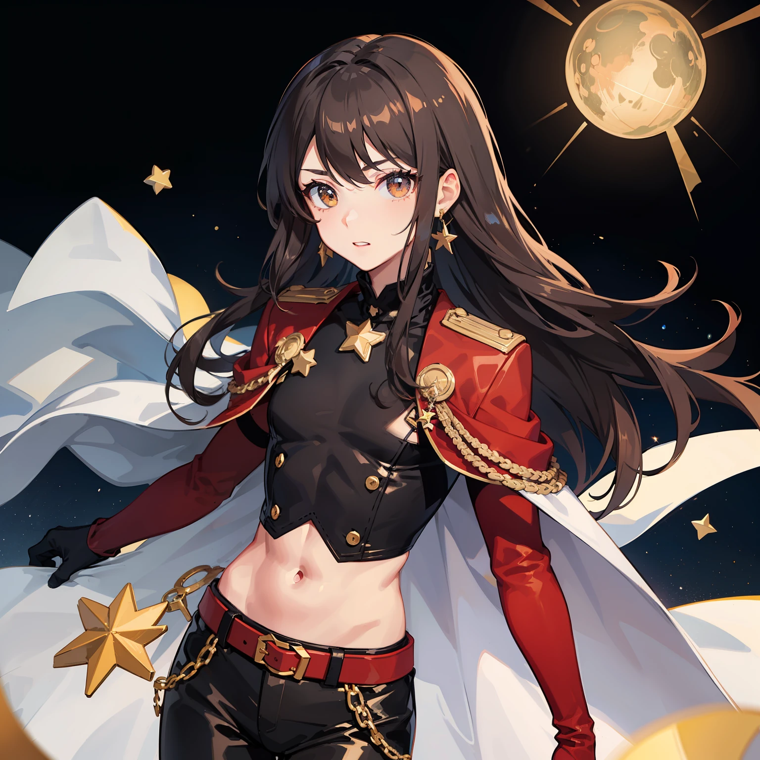 skinny boy, long hair, brown hair, bangs, round earrings with stars, white cape on neck, long red and black gloves with LEGO details, black pants, red leather pants, big eyes, brown eyes, 4 red belts with yellow stars,
