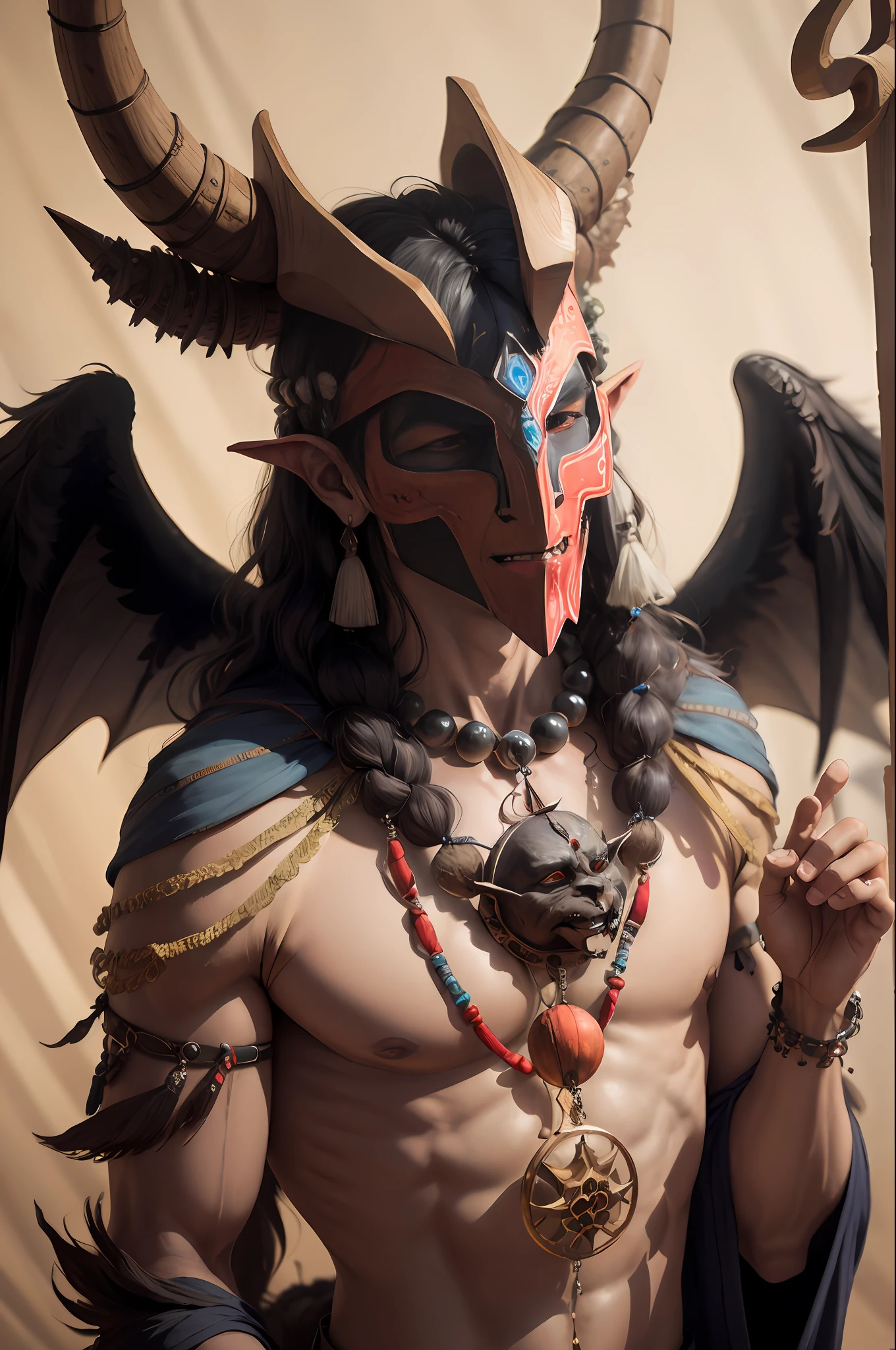 "A mesmerizing portrayal of a mystical shaman wearing an enchanting wooden mask, Baphomet."