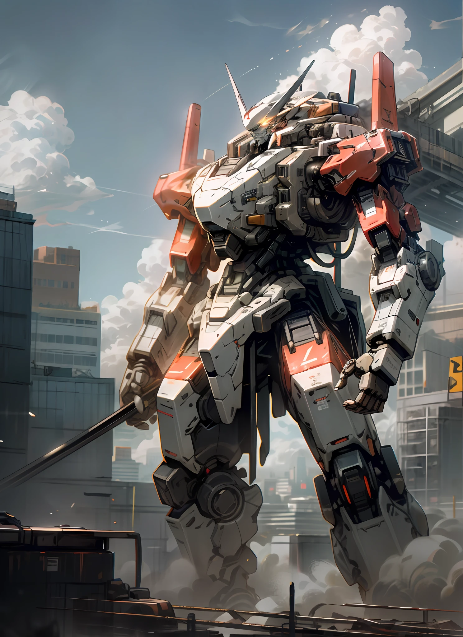 sky, cloud, holding_weapon, no_humans, glowing, , robot, building, glowing_eyes, mecha, science_fiction, city, realistic,mecha