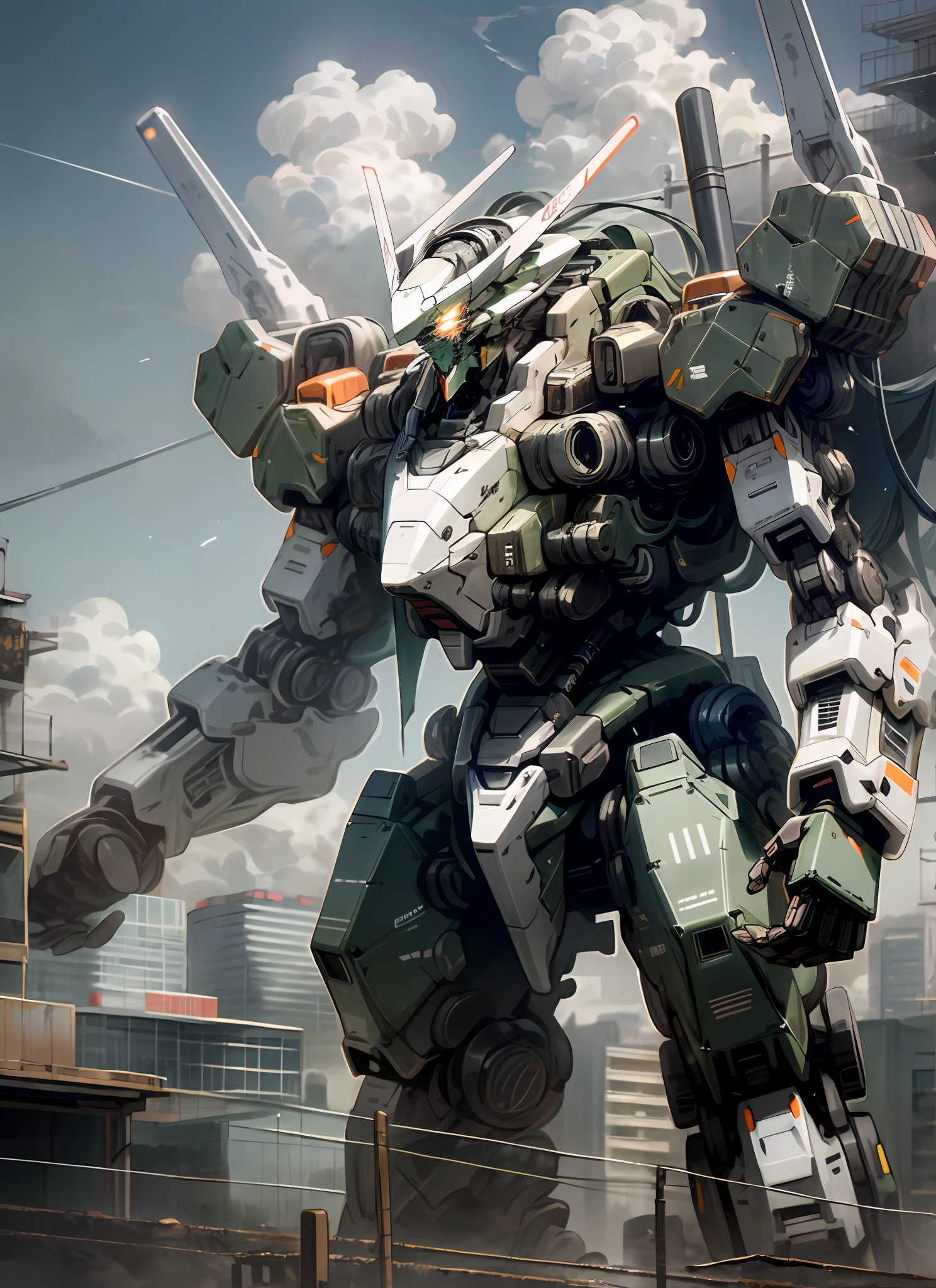 sky, cloud, holding_weapon, no_humans, glowing, , robot, building, glowing_eyes, mecha, science_fiction, city, realistic,mecha