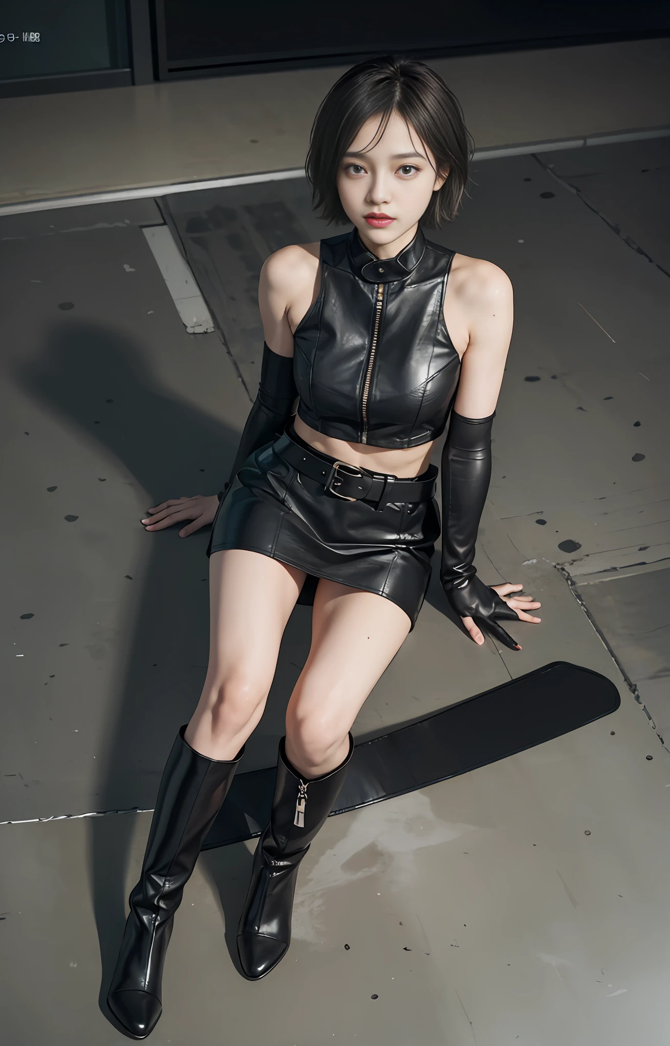 Official art, extremely detailed CG Unity 8k wallpaper, best quality, masterpiece, high resolution, beautiful girl ninja, short hair, black crop top leather armor, brown belt, scabbard on thigh, Japanese sword, leather gloves, black minileather skirt, black over-the-knee flat boots, tight leather suit, leather texture, full body photo, melon seed face, small face, fell to the ground, leaked out of the skirt, spread your legs,