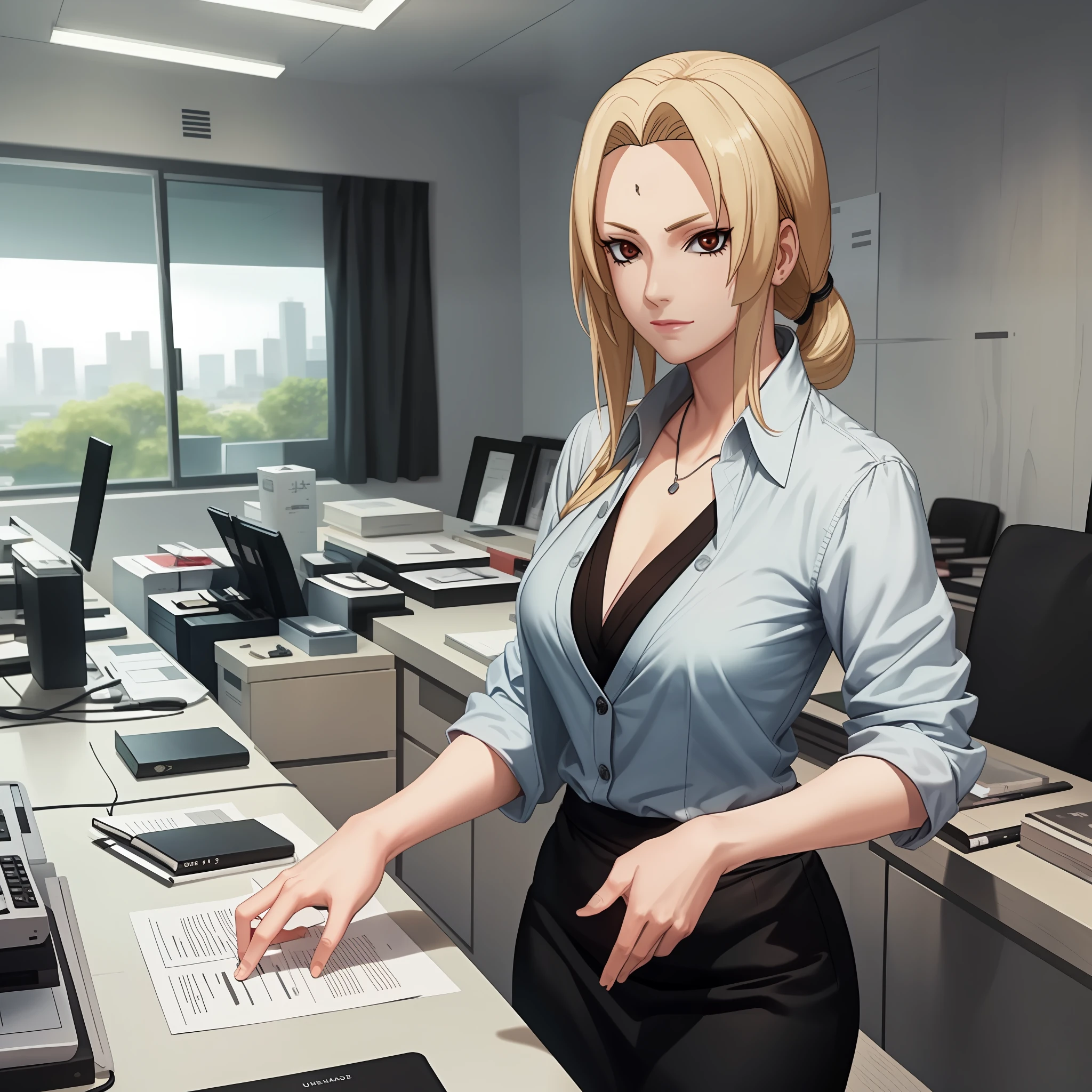 Tsunade working in an office , formal dress , white shirt , black suite , black tie , masterpiece, great detail .
