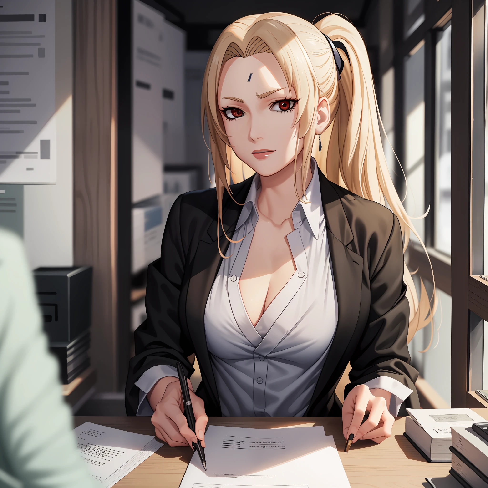 Tsunade working in an office , formal dress , white shirt , black suite , black tie , masterpiece, great detail .