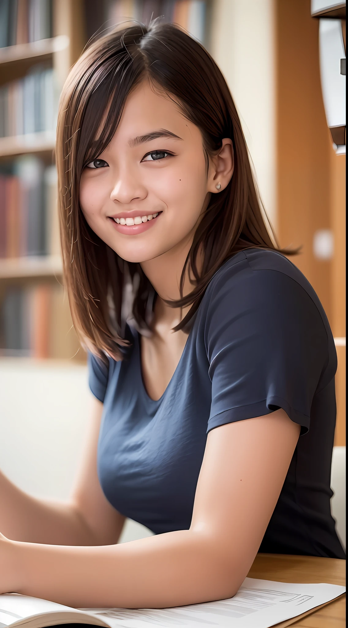 (8k, RAW Photos, Best Quality, High Resolution: 1.1), (Ultra Realistic: 1.4), (Realistic, Photorealistic: 1.3), Soft Light, Girl, , Japan People, Realistic Face, Realistic Body, Realistic Skin, (Cute: 1.8), Cuties, Solo, (T-Shirt: 1.2), Detailed Black Eyes, Innocent Eyes, Cheeks, (Cleavage: 1.2), Cinema Light, Film Grain, Short Hair, ((Big: 1.1)), Cherry Colored Lips, Close Up, Look Viewer, Upper Body, Open Lips, Upper Teeth, (Smiling Eyes: 0.6), (((grinning: 1.2)), Depth of Field, Blurred Background, Eye Focus, Bokeh, Studying in the Library, 85mm Lens, f/1.4, Professional Lighting, Young, Portrait, Photon Mapping, radiosity, and physically based rendering