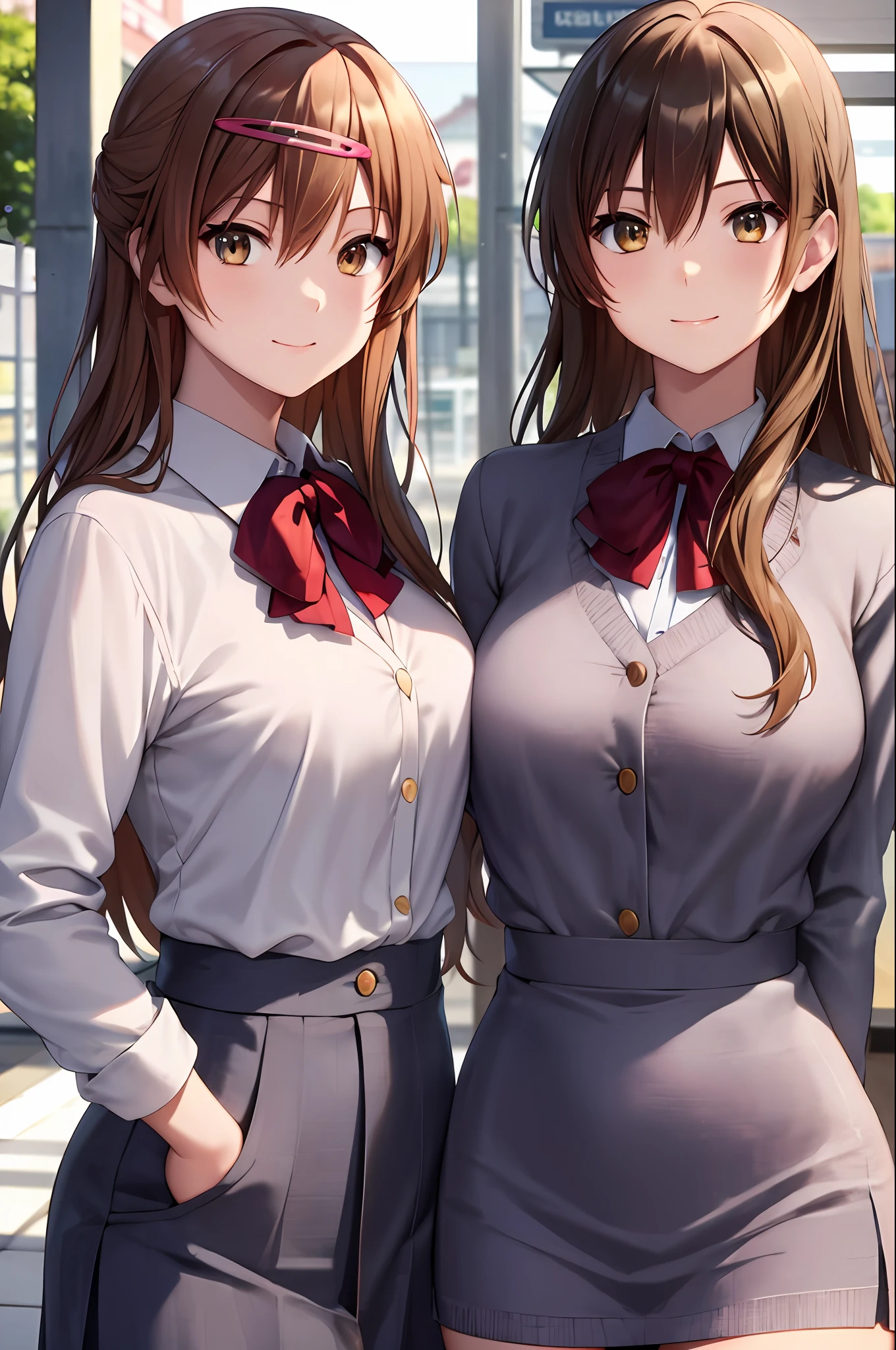 masterpiece, (best quality), 3women, 3girls, triplet sisters, brown hair, long hair, brown eyes, icho private high school uniform, school uniform, sweater,medium breasts, matching outfits, sexy woman,smile, hair between eyes, long sleeves,closed clothes, embarrassed,blush, skirt, vibrant colors ,natural lighting ,RTX, , beautiful, (detailed face:1.2), showcase, (perfect eyes:1.1) ,(photorealistic:1.1), 8k uhd, looking at viewer, outdoors, simple backround,