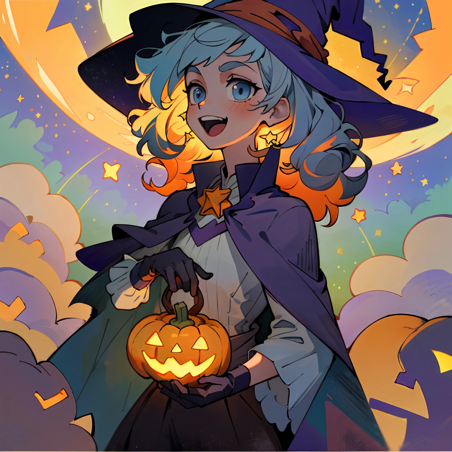 ((masterpiece:1.2, best quality)), 1girl, solo, (witch hat), a close up of a girl with curly hair, dress, aurora, night, star (sky), gloves, sky, dress, night sky, open mouth, starry sky, light blue eyes, ribbons, smile, cape, colorful hair, magic, casting spell, night, (impressionism:1.4), alphonse mucha, ((Halloween colors, colorful candy, magical lights, pumpkins, candies