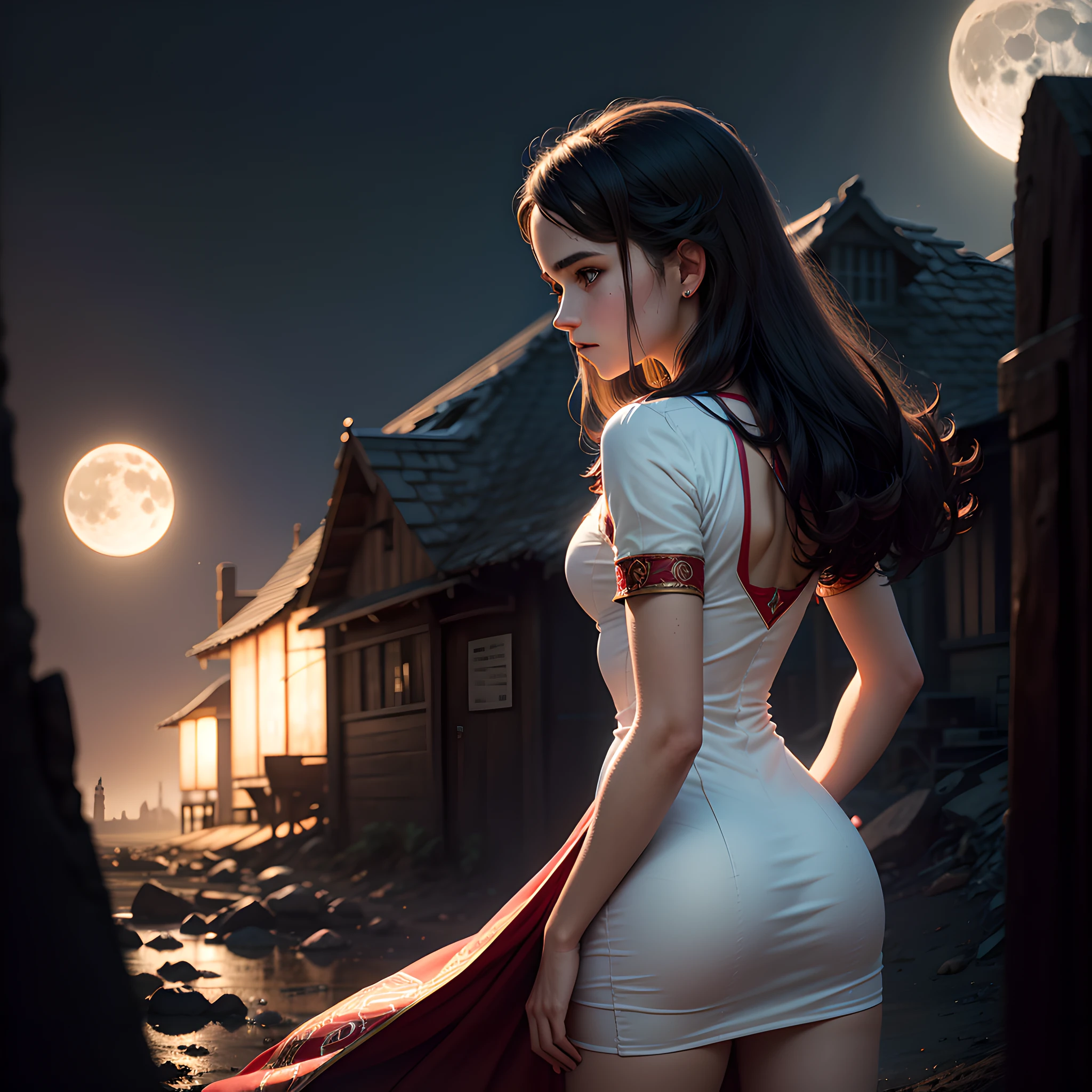 emma watson as a red priestess girl. tight dress. background moon. sharp focus, natural lighting, subsurface scattering, f2, 35mm, film grain