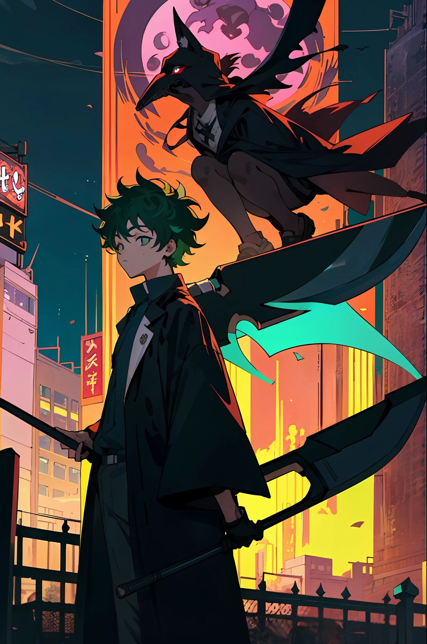 best quality, 4K wallpaper, masterpiece, extremely detailed CG unity 8k wallpaper, extremely detailed eyes, ultra-detailed, intricate details, retro art style, neon_pop art style,  public, outdoors, road sign, city,Izuku Midoriya as the Grim Reaper dressed in plague doctor's clothes wielding a scythe in a cemetery under the crimson moonlight.