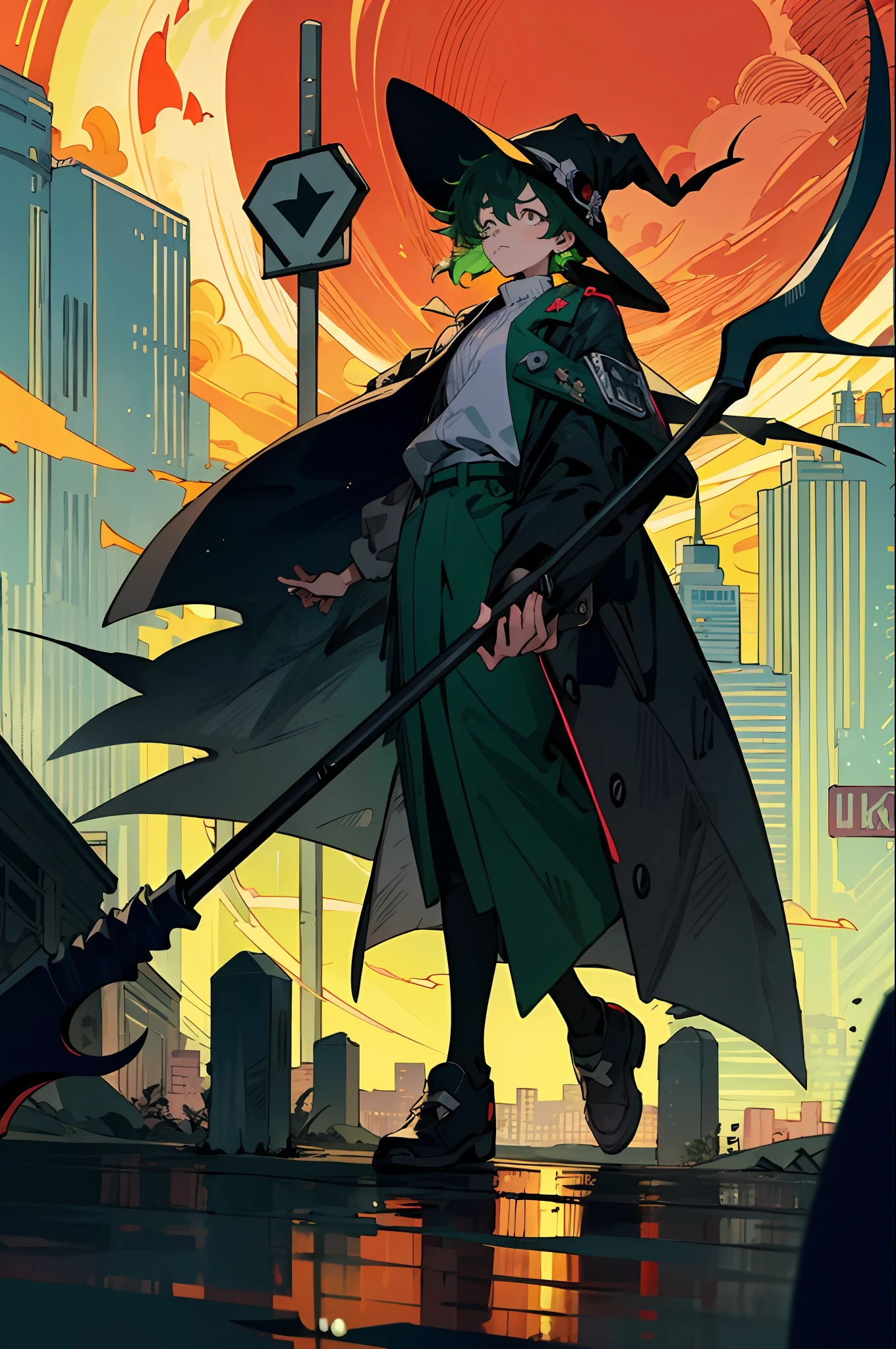 best quality, 4K wallpaper, masterpiece, extremely detailed CG unity 8k wallpaper, extremely detailed eyes, ultra-detailed, intricate details, retro art style, neon_pop art style, public, outdoors, road sign, city,Izuku Midoriya as the Grim Reaper dressed in plague doctor's clothes wielding a scythe in a cemetery under the crimson moonlight.
