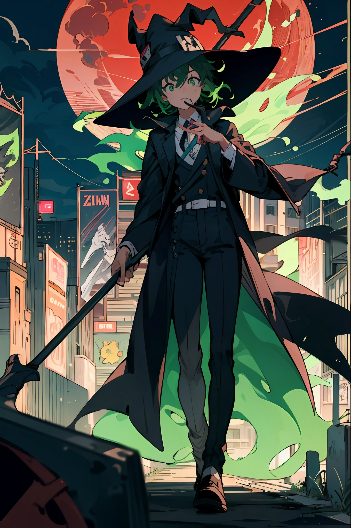 best quality, 4K wallpaper, masterpiece, extremely detailed CG unity 8k wallpaper, extremely detailed eyes, ultra-detailed, intricate details, retro art style, neon_pop art style,  public, outdoors, road sign, city,Izuku Midoriya as the Grim Reaper dressed in plague doctor's clothes wielding a scythe in a cemetery under the crimson moonlight.