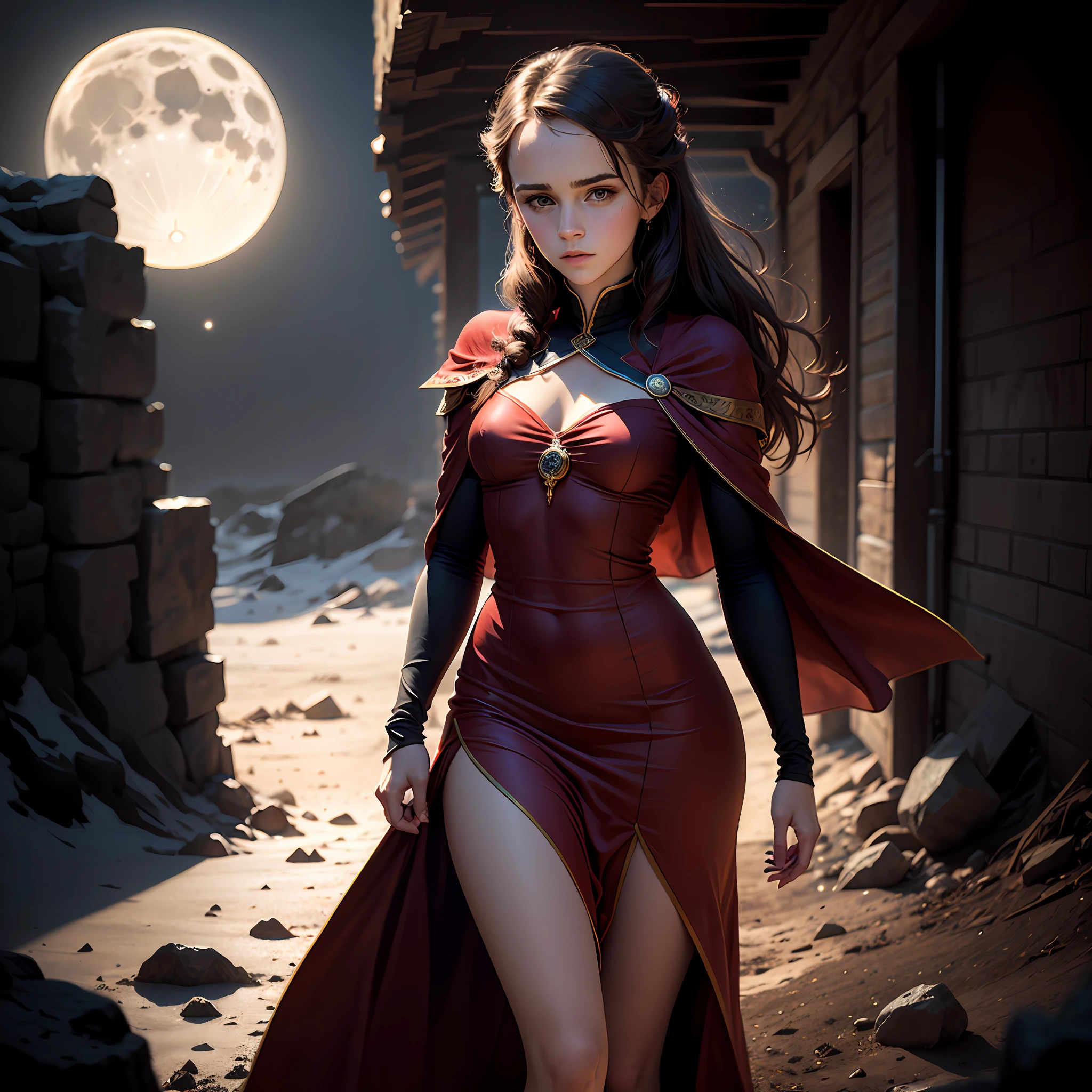 teen emma watson as a red priestess girl. tight dress. background moon. sharp focus, natural lighting, subsurface scattering, f2, 35mm, film grain