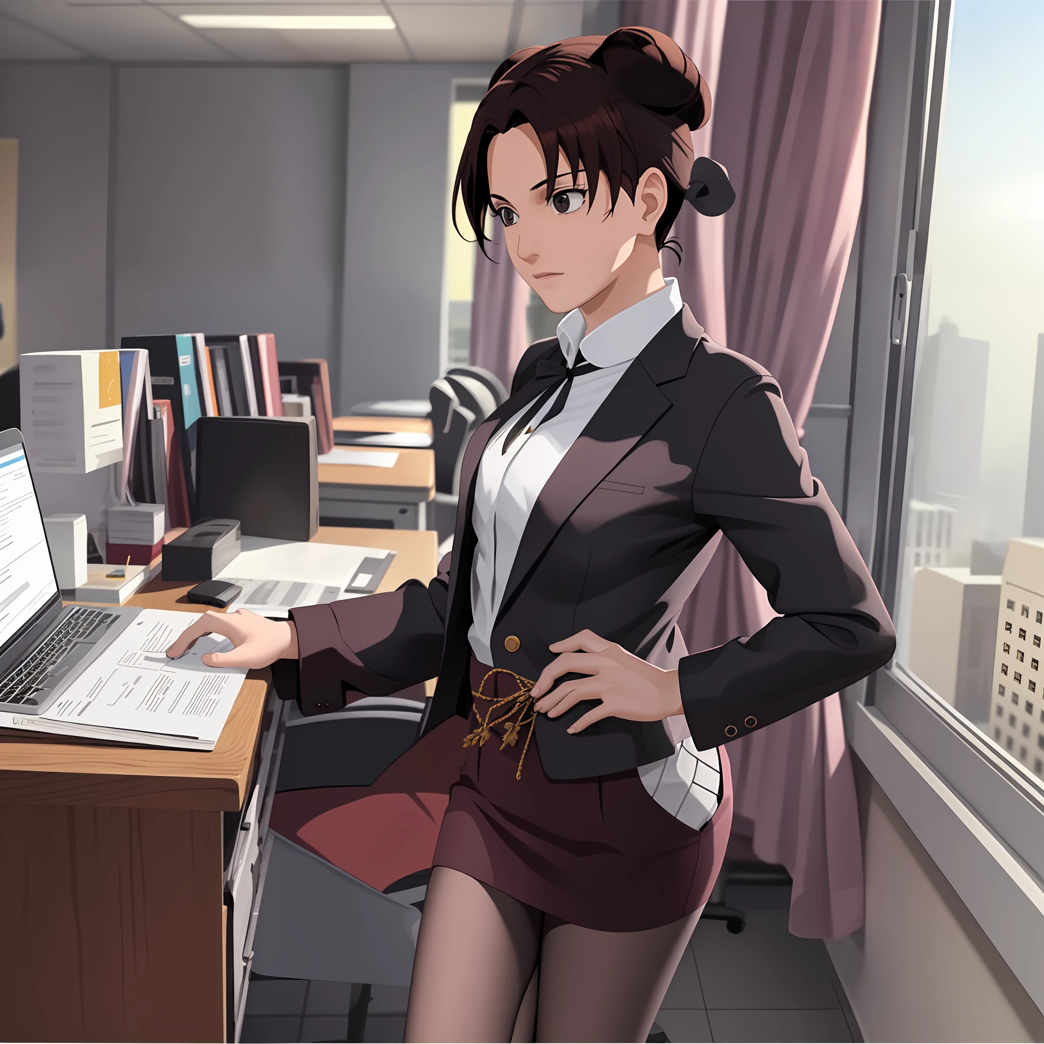 Tenten working in an office building , formal office dress , masterpiece , best quality , black tie .