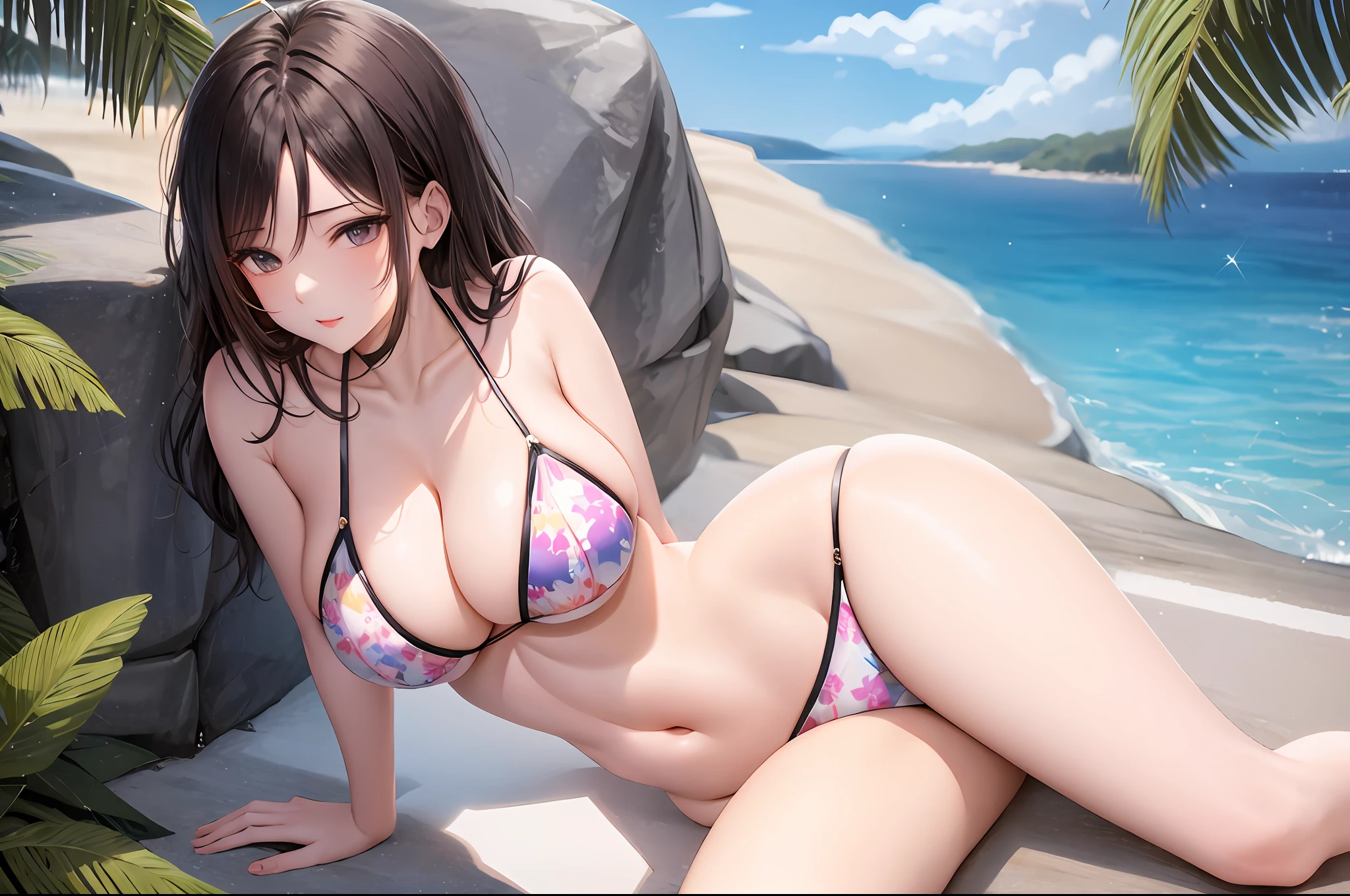 A very attractive and plump woman lying on the seaside, in a bikini, with a sparkling prism, and insanely detailed depictions captured by an ultra-high-performance camera.