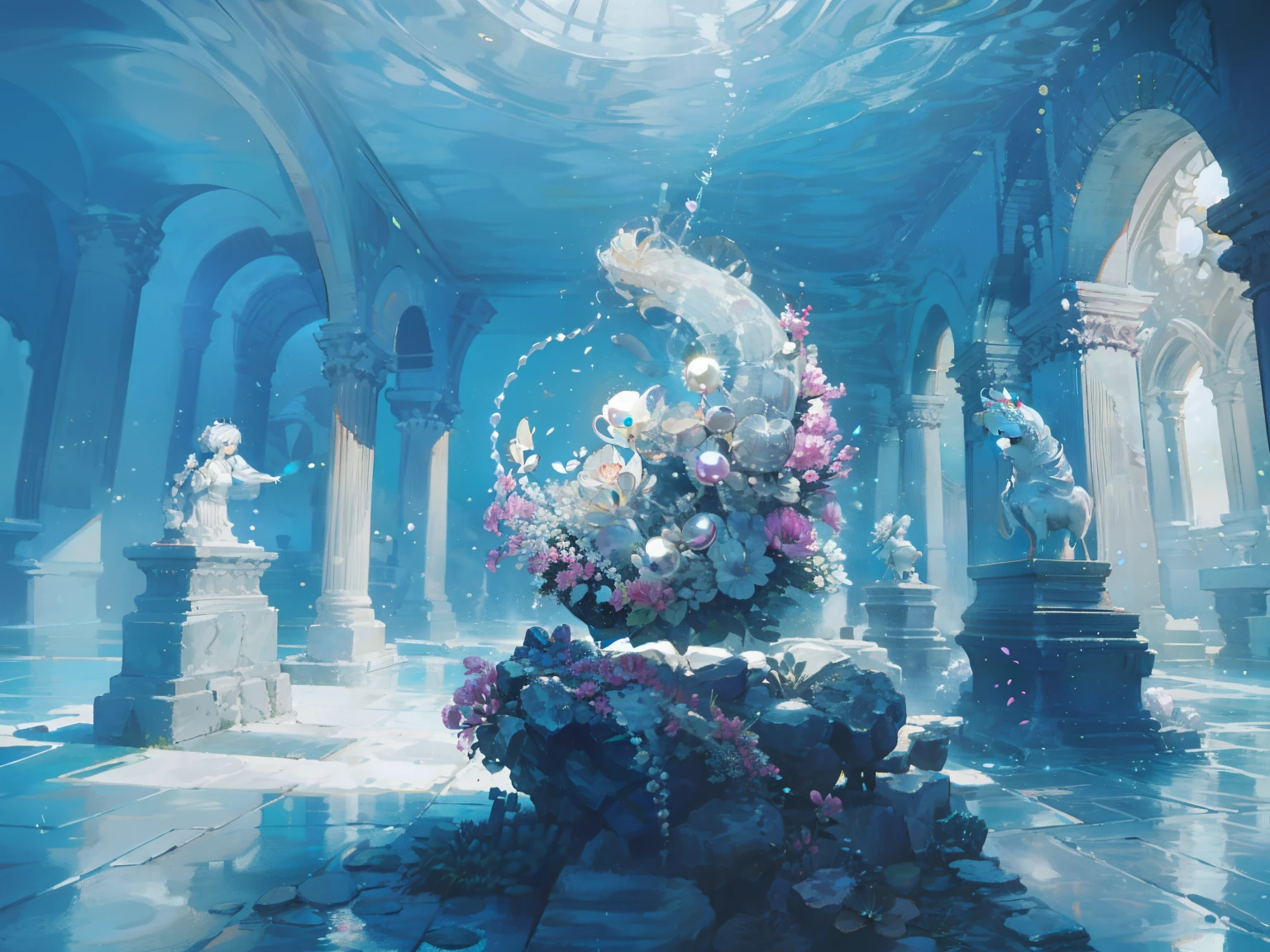 ancient underwater ruins, A delicate strand of luminescent pearls lies atop a stone pedestal. Each pearl glows with a soft radiance, reflecting the surrounding light in a mesmerizing display. (Masterpiece: 1.2) (Best quality: 1.3)