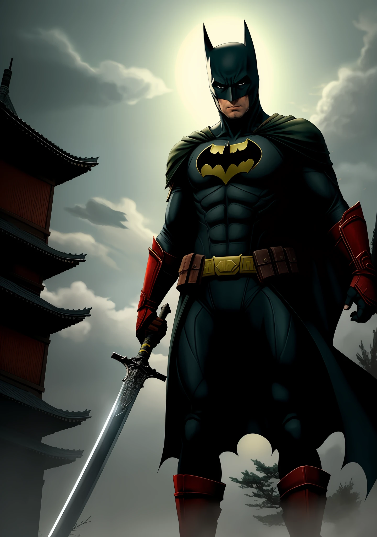 Batman (The Bat Man) holding a sword, Sekiro, urban fantasy centered, digital yellow red sun, in Amino, 2D game background, 'If everything can start again, in a soft green light dawn, G - final man, Kano, avatar image, wanderer