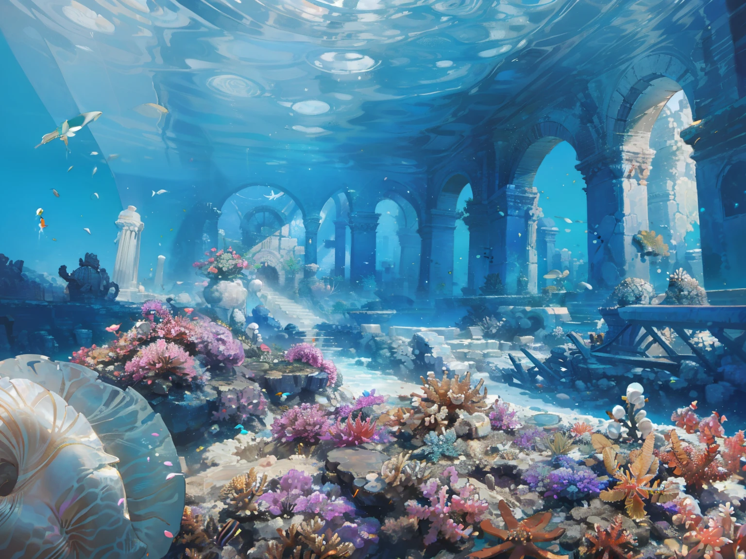 ancient underwater ruins, alcoves containing various artifacts, Shimmering pearls, seashells, and coral sculptures adorn. (Masterpiece: 1.2) (Best quality: 1.3)