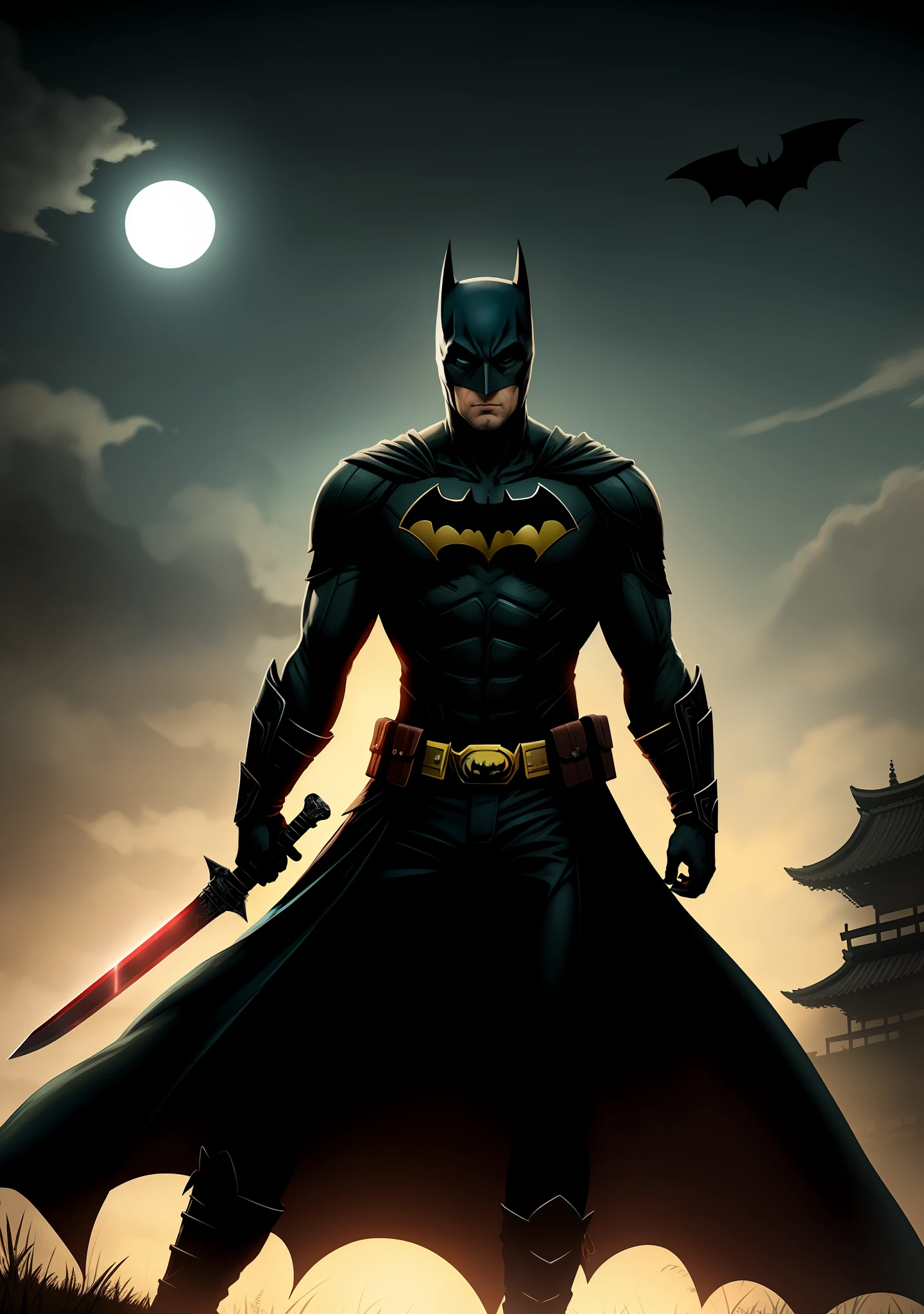 Batman (The Bat Man) holding a sword, Sekiro, urban fantasy centered, digital yellow red sun, in Amino, 2D game background, 'If everything can start again, in a soft green light dawn, G - final man, Kano, avatar image, wanderer