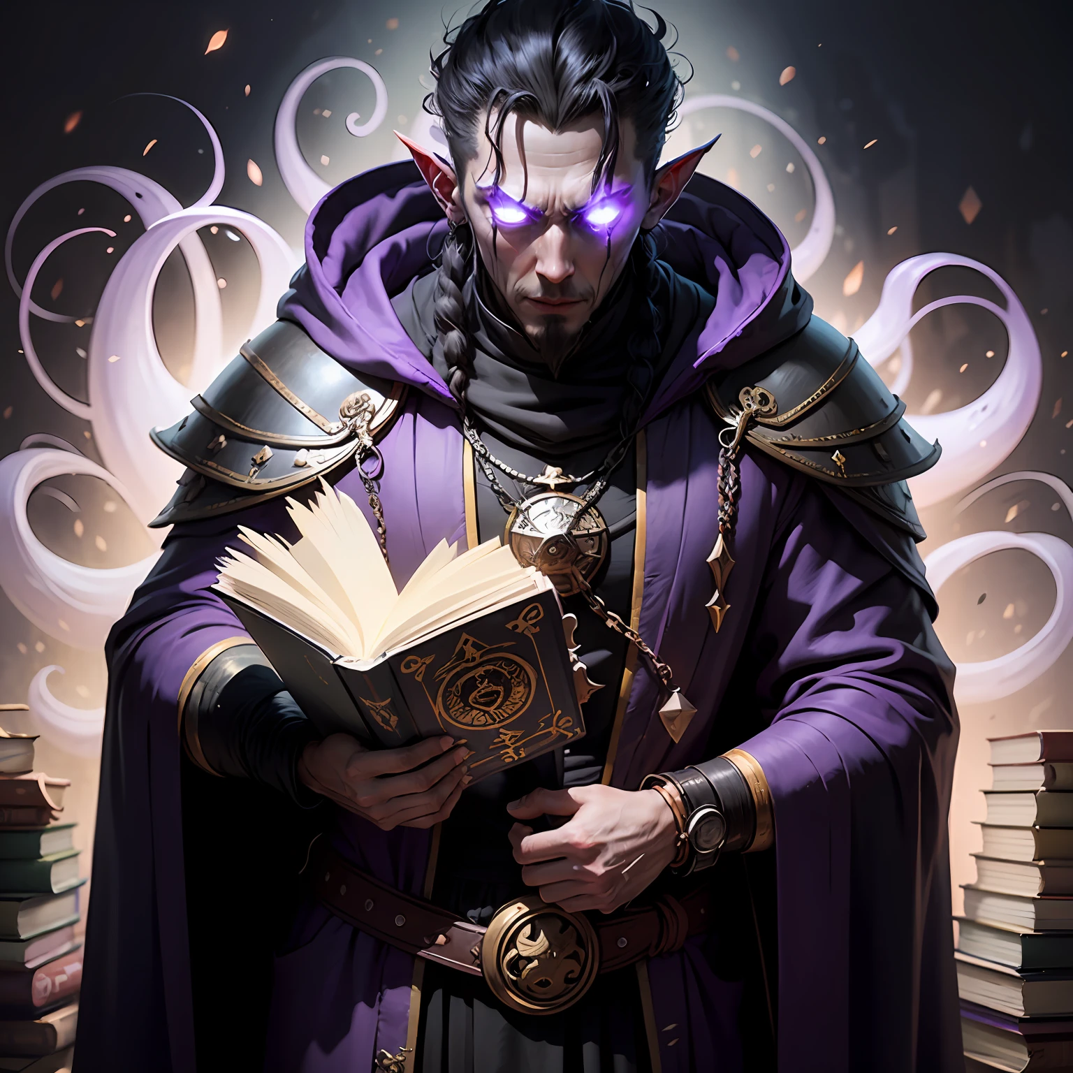 cartoon illustration of a man dressed in a purple robe holding a book, female occultist, portrait of professor sinister, portrait of a mage, minion as lovecraft's monster, occultist, portrait of a female necromancer, portrait of a mind flayer, closeup portrait of an mage, minion as a darksouls boss, dressed as an oracle --auto
