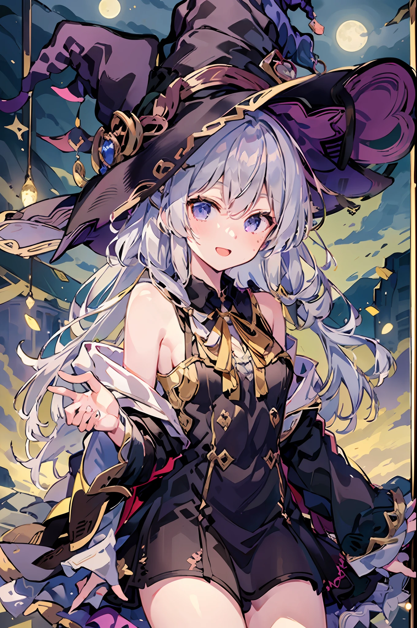 ((yileina)),(((masterpiece))),(best quality))),((very detail)))),bare shoulders ,white_collared shirt,yellow ribbon,witch hat,black robe,black skirt,loli,night,moon,shine,:D