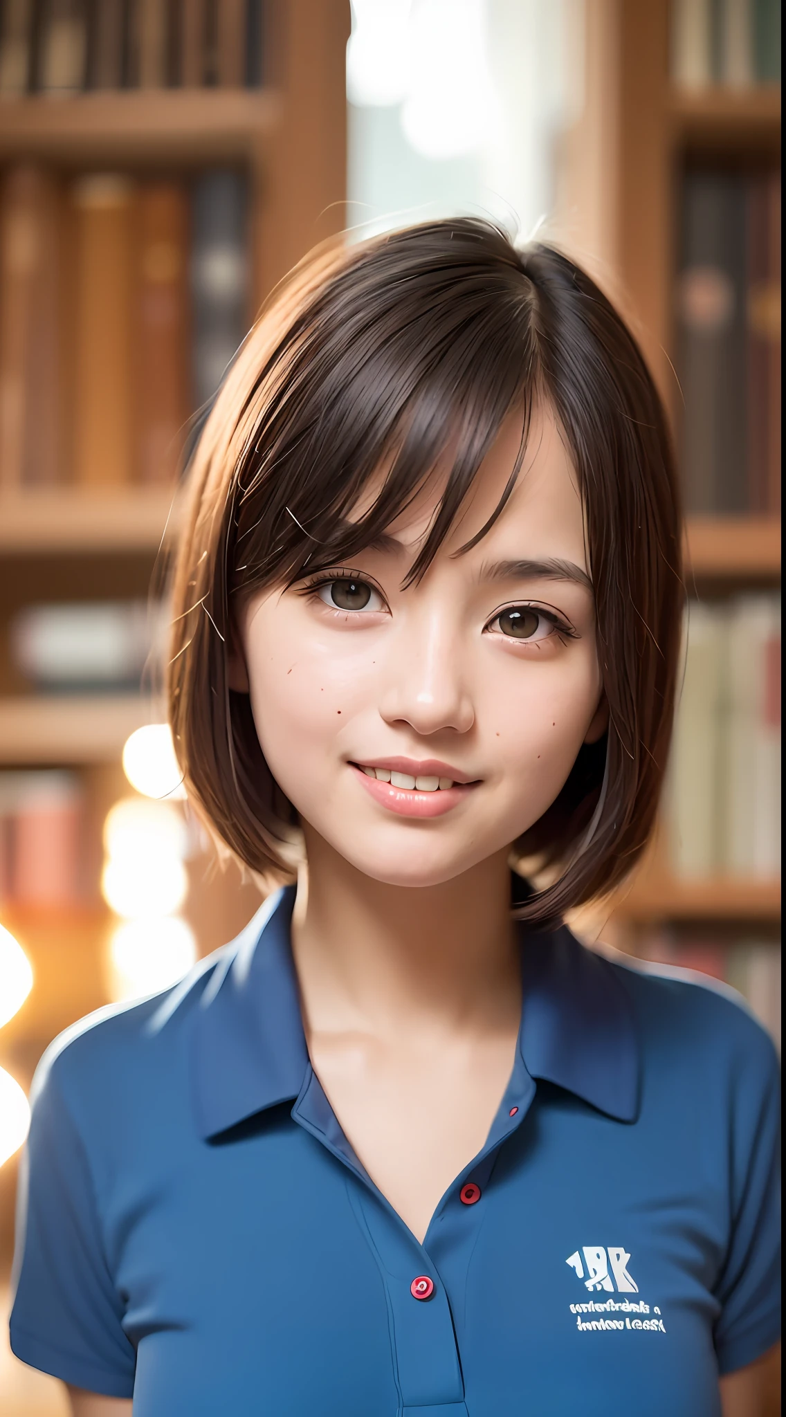 (8k, RAW photos, best quality, high resolution: 1.1), (ultra-realistic: 1.4), (realistic, photorealistic: 1.3), soft light, girl, , Japan person, realistic face, realistic body, realistic skin, , absurdity, masterpiece, (cute: 1.8), cuties, solo, (polo shirt: 1.2), detailed black eyes, innocent eyes, cheeks, (cleavage: 1.2), Cinema Light, Film Grain, Short Hair, ((Big: 1.1)), Cherry Colored Lips, Close Up, Look Viewer, Upper Body, Open Lips, Upper Teeth, (Smiling Eyes: 0.6), (((grinning: 1.2)), Depth of Field, Blurred Background, Eye Focus, Bokeh, Studying in the Library, 85mm Lens, f/1.4, Professional Lighting, Young, Portrait, Photon Mapping, radiosity, and physically based rendering