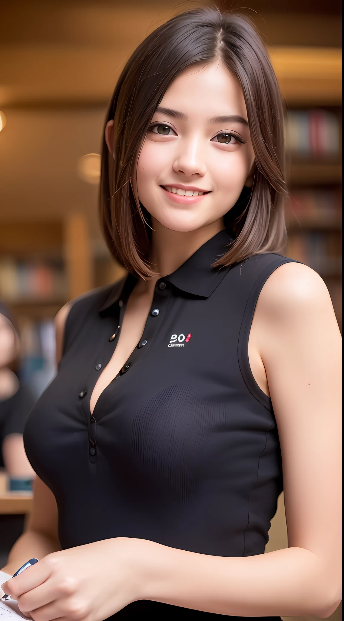 (8k, RAW photos, best quality, high resolution: 1.1), (ultra-realistic: 1.4), (realistic, photorealistic: 1.3), soft light, girl, 16 years old, Japan person, realistic face, realistic body, realistic skin, , absurdity, masterpiece, (cute: 1.8), cuties, solo, (polo shirt: 1.2), detailed black eyes, innocent eyes, cheeks, (cleavage: 1.2), Cinema Light, Film Grain, Short Hair, ((Big: 1.1)), Cherry Colored Lips, Close Up, Look Viewer, Upper Body, Open Lips, Upper Teeth, (Smiling Eyes: 0.6), (((grinning: 1.2)), Depth of Field, Blurred Background, Eye Focus, Bokeh, Studying in the Library, 85mm Lens, f/1.4, Professional Lighting, Young, Portrait, Photon Mapping, radiosity, and physically based rendering