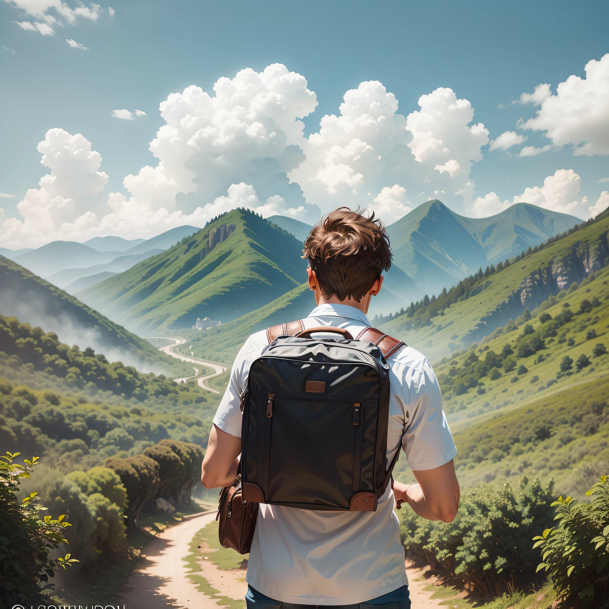 a traveling man with short brown hair in a lush landscape