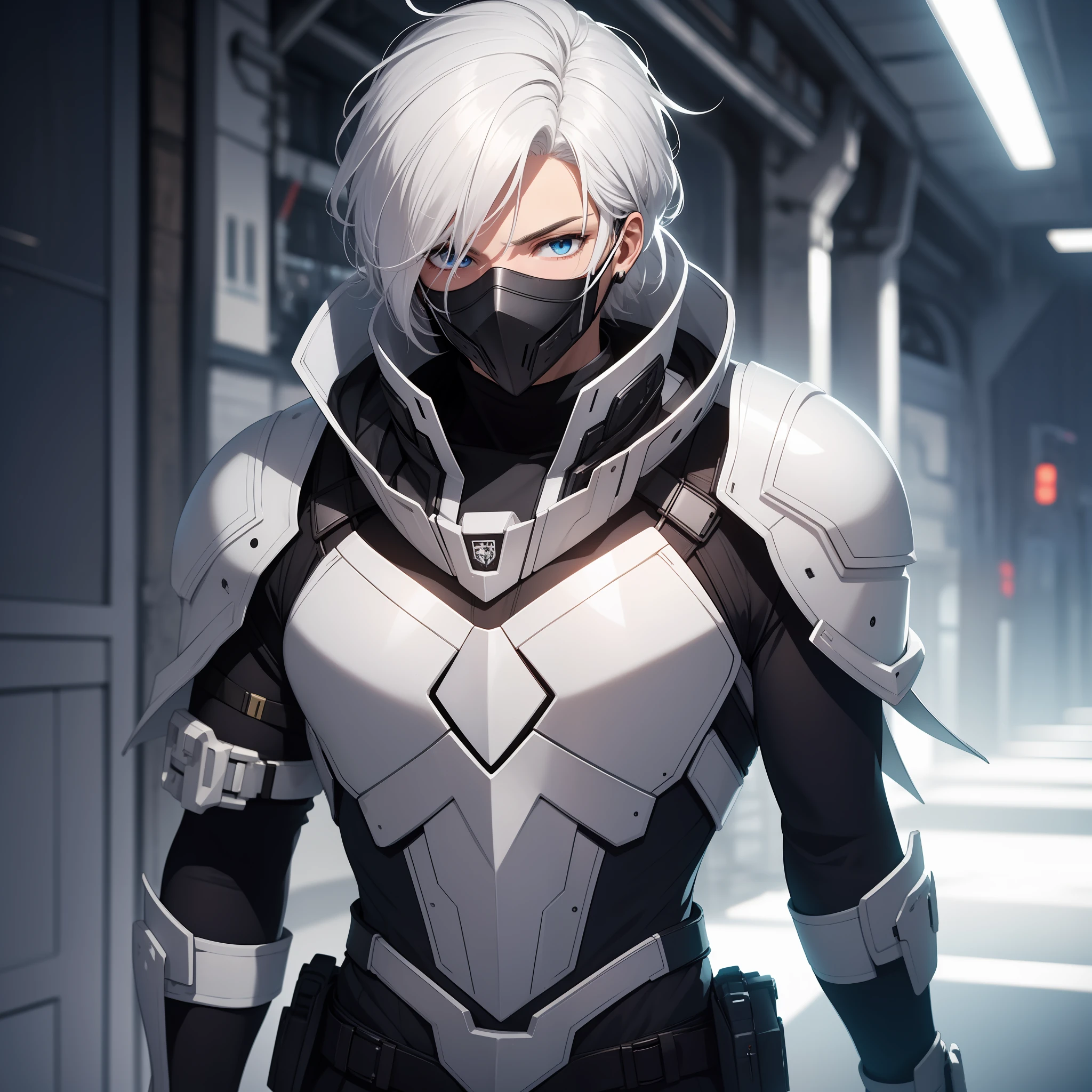 solo male, white hair, blue eyes, white armor, science fiction, mask, covered face, slim