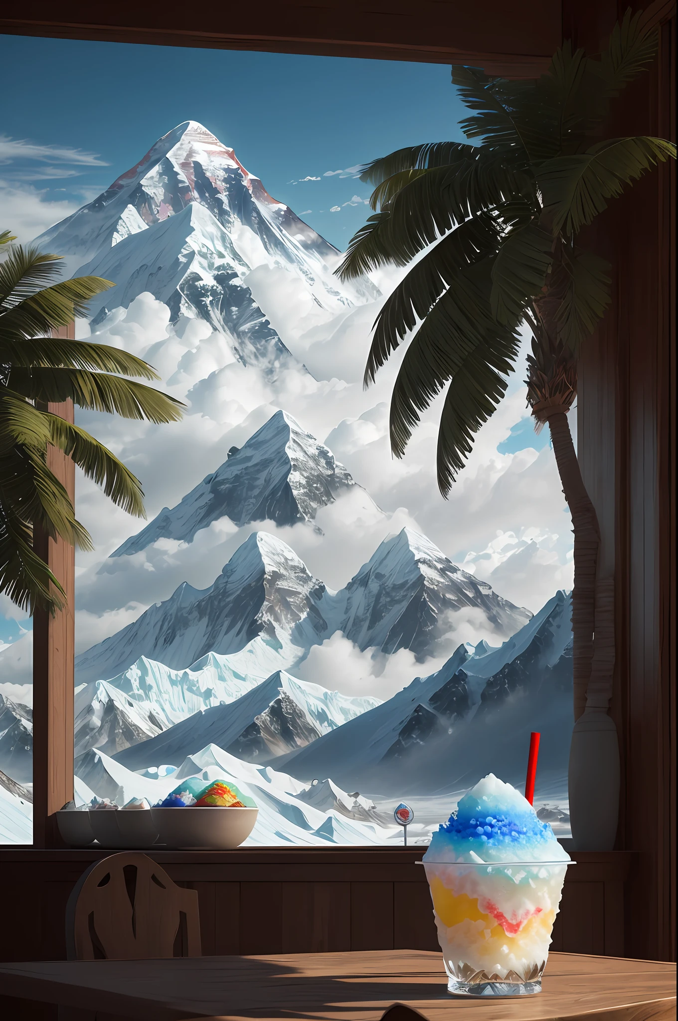 Top quality, masterpiece, ultra high resolution, (photorealistic: 1.4), raw photo, (one gorgeous shaved ice on the occasion), Mount Everest visible in the distance, sun, incoming clouds, palm tree, veranda, (((ultra-realistic details)), octane rendering, 8K, ultra-sharp, intricate ornament details,