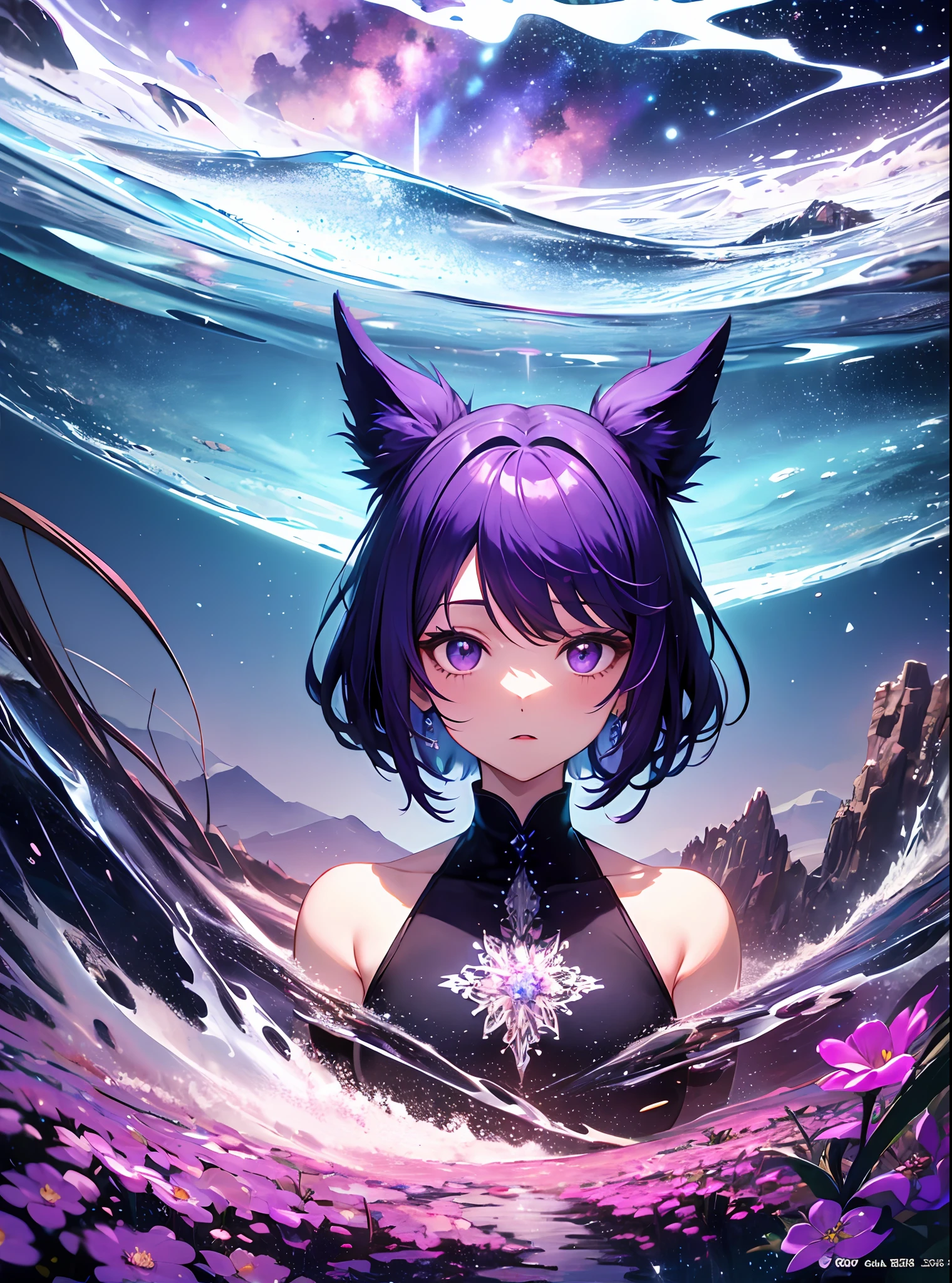 absurdity, high definition, (official art, beauty and aesthetics: 1.2),
1 girl, purple hair, middle hair, purple crystal eyes, shiny eyes, fine face,
purple sky, glittering galaxies, (Uyuni salt marsh: 1.2),
(Surrealism: 1.15), (fractal art: 0.3),
Water effect, ripple effect, (flower effect: 0.65), light effect, 8K wallpaper,