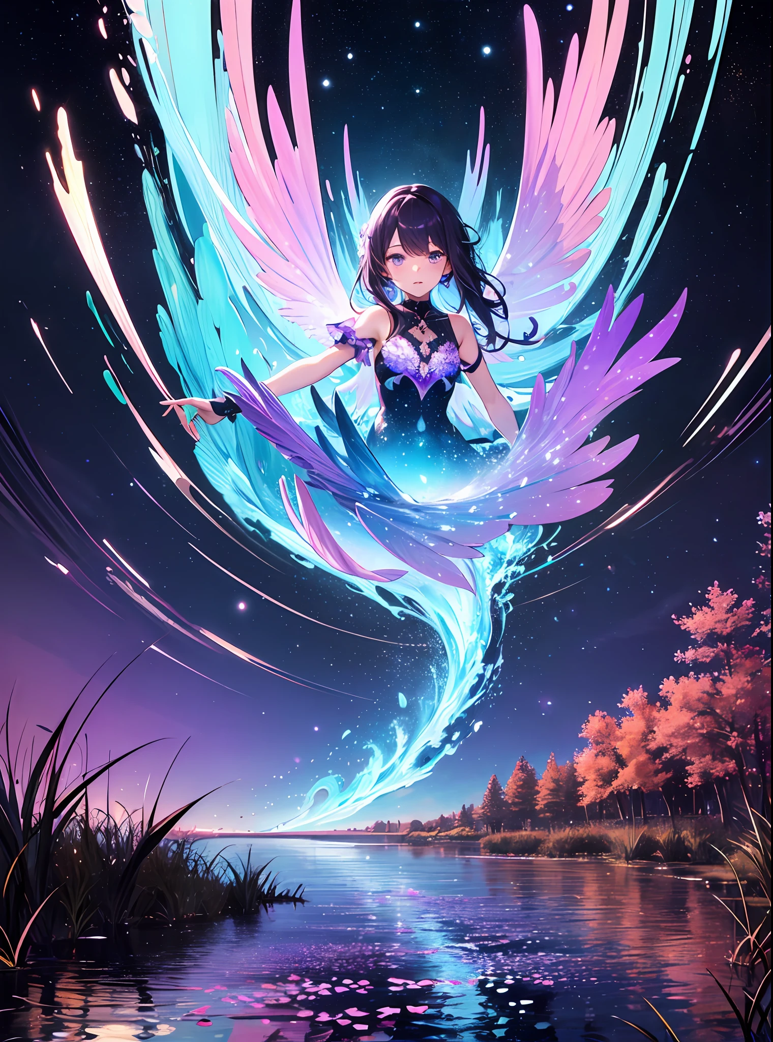 absurdity, high definition, (official art, beauty and aesthetics: 1.2),
1 girl, purple hair, middle hair, purple crystal eyes, shiny eyes, fine face,
purple sky, glittering galaxies, (Uyuni salt marsh: 1.2),
(Surrealism: 1.15), (fractal art: 0.3),
Water effect, ripple effect, (flower effect: 0.65), light effect, 8K wallpaper,