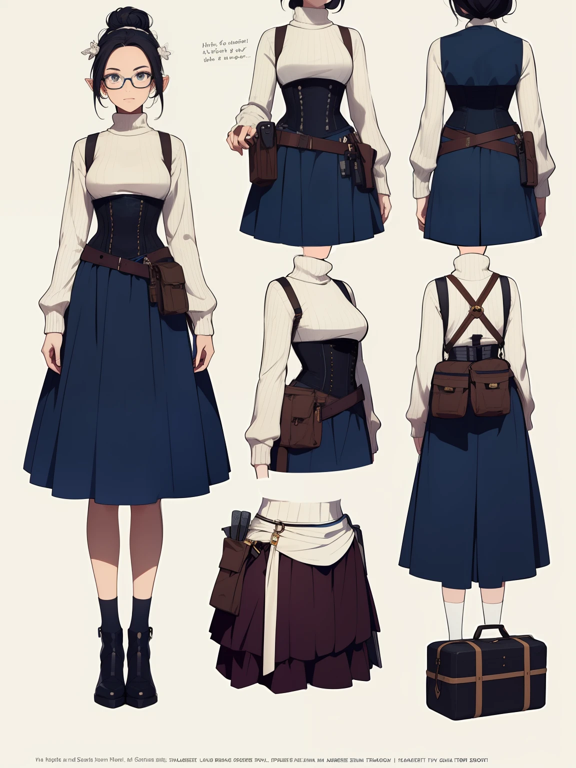 ((masterpiece)),(((best quality))),(character design sheet, same character, front, side, back), elven woman, glasses, black hair in bun, bows, lace, white turtle-neck sweater, white sweater, long colorful skirt, long skirt, satchels, pouches on waist, harness, tool belt, tools, corset, blue, navy, bright blue