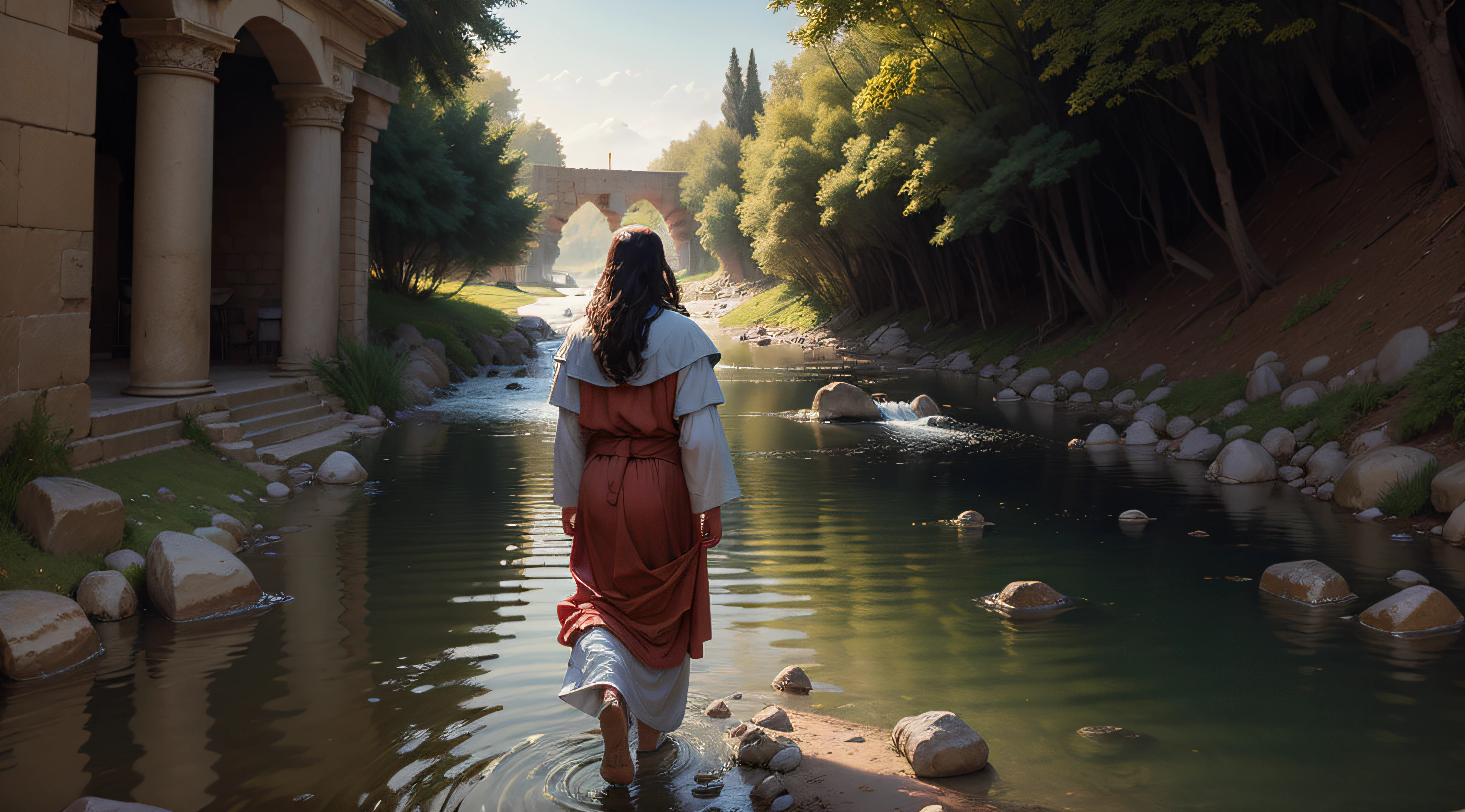 Jesus walking on the bank of the Jordan River, realistic image, detailed scenery, masterpiece, sharp image, 8K --ar 16:9 --auto