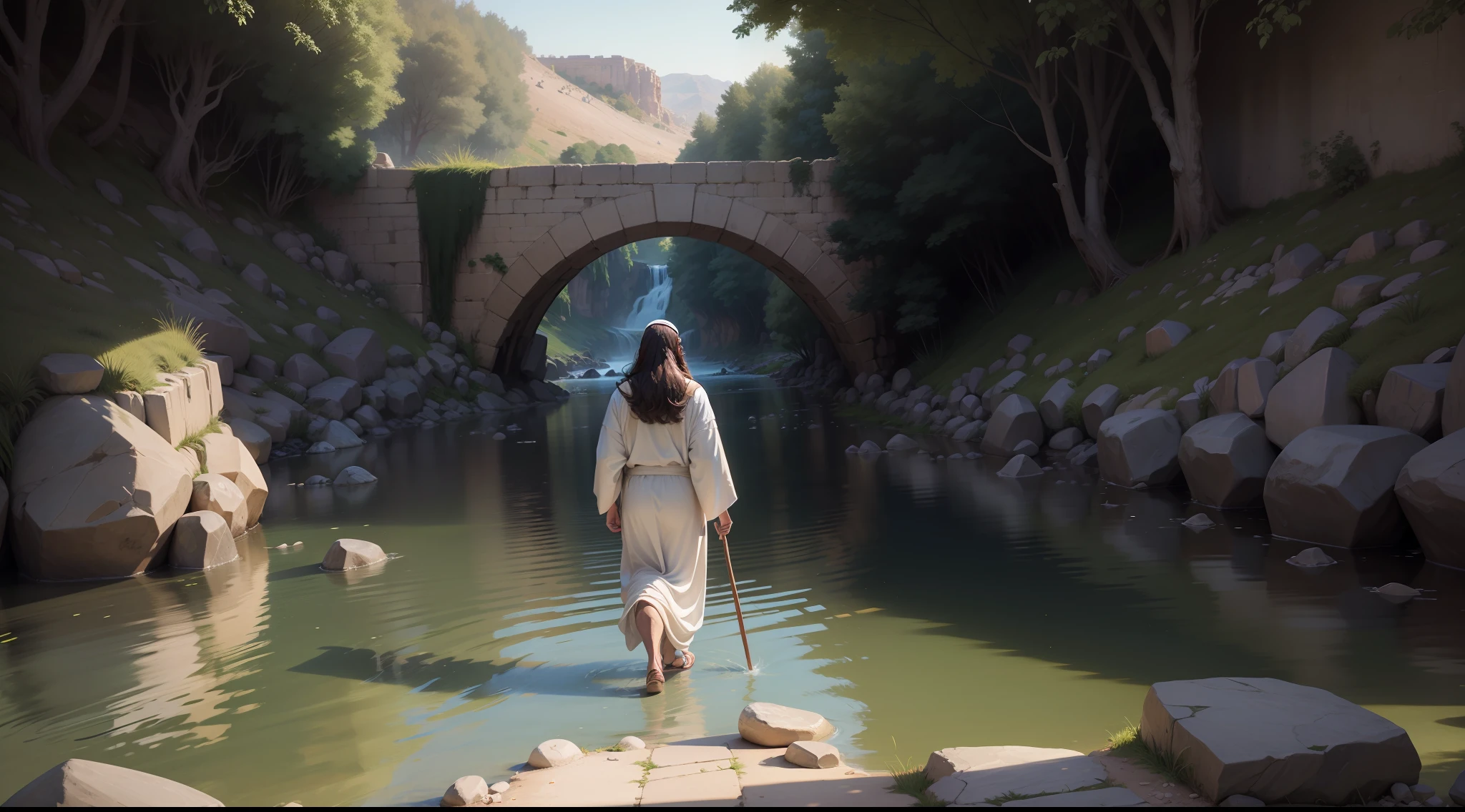 Jesus walking on the bank of the Jordan River, realistic image, detailed scenery, masterpiece, sharp image, 8K --ar 16:9 --auto