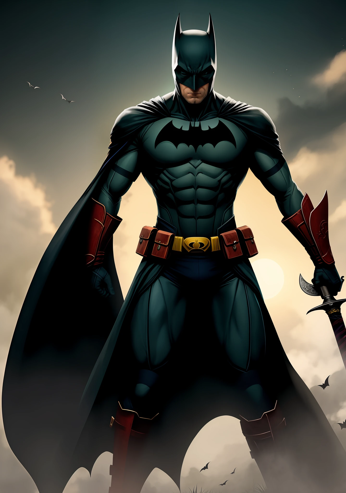 Batman (The Bat Man) holding a sword, Sekiro, urban fantasy centered, digital yellow red sun, in Amino, 2D game background, 'If everything can start again, in a soft green light dawn, G - final man, Kano, avatar image, wanderer