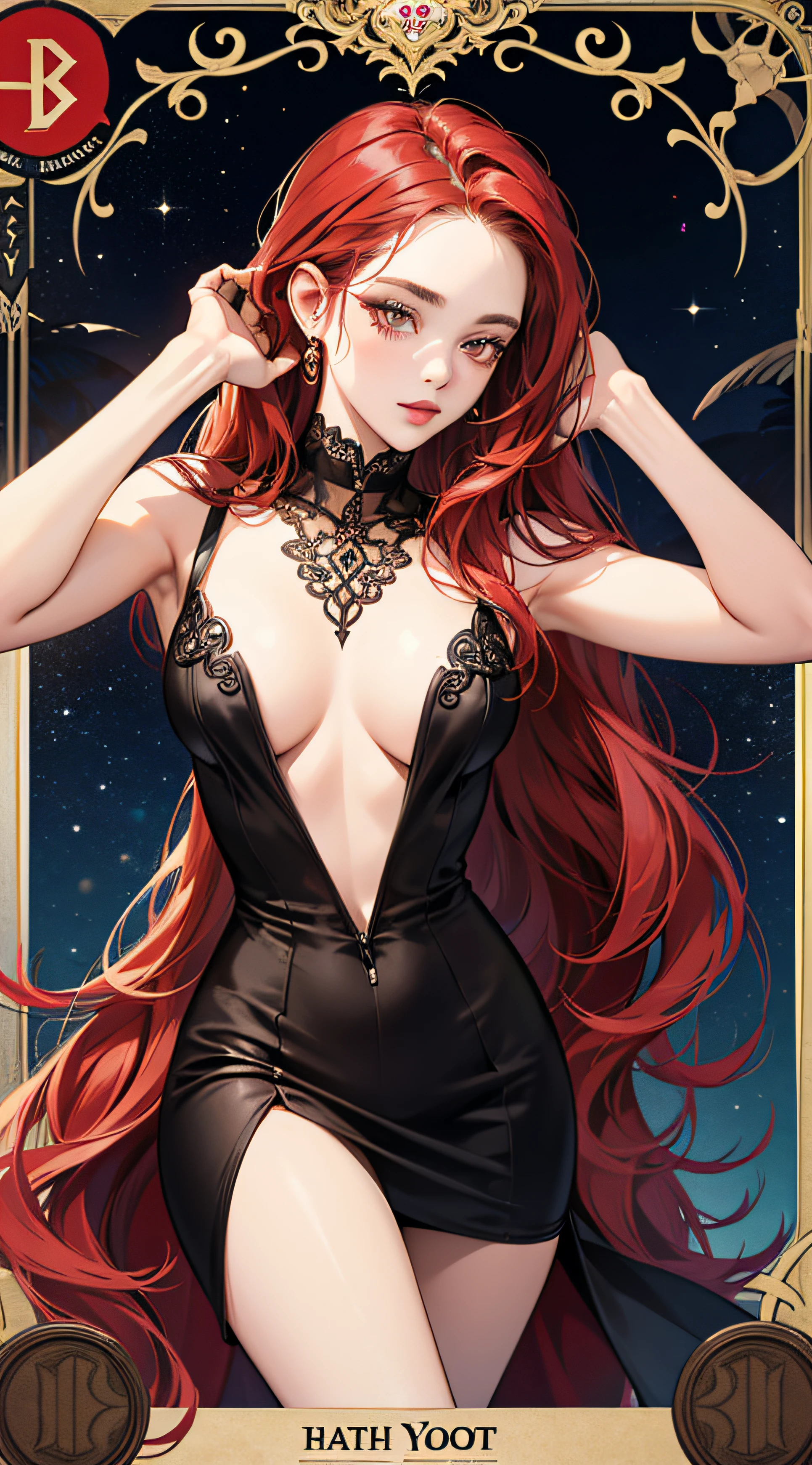 Masterpiece,high quality,highly detailed,impeccable,intricate,horridtarot call girls of the year 1920 long red hair,tattooed,cabaret --auto