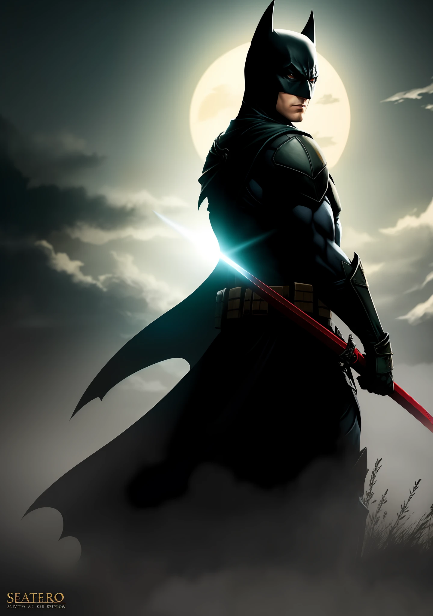Batman (The Bat Man) holding a sword, Sekiro, urban fantasy centered, digital yellow red sun, in Amino, 2D game background, 'If everything can start again, in a soft green light dawn, G - final man, Kano, avatar image, wanderer