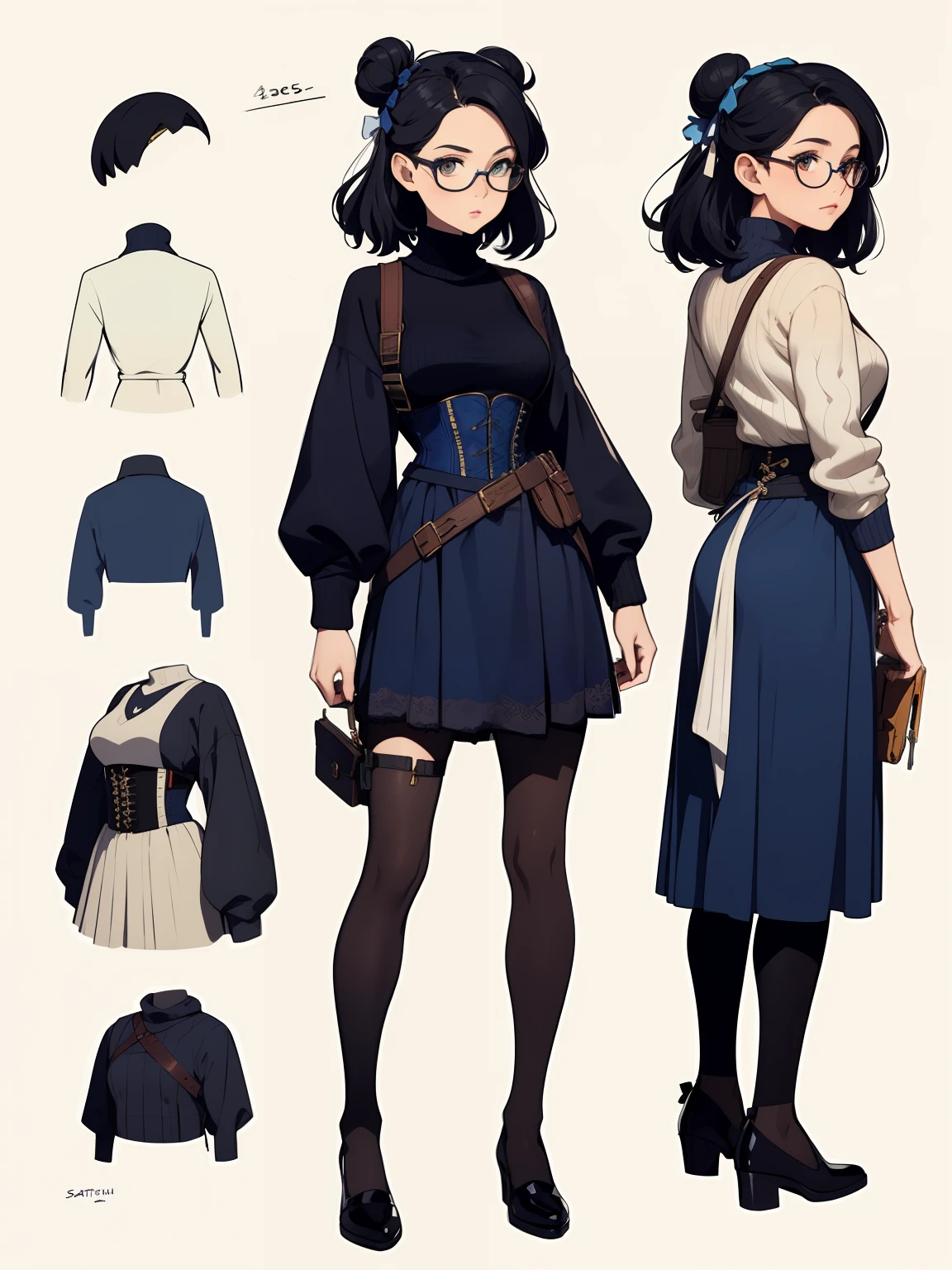 ((masterpiece)),(((best quality))),(character design sheet, same character, front, side, back), elven woman, glasses, black hair in bun, bows, lace, white turtle-neck sweater, white sweater, long colorful skirt, long skirt, satchels, pouches on waist, harness, tool belt, tools, corset, blue, navy, bright blue