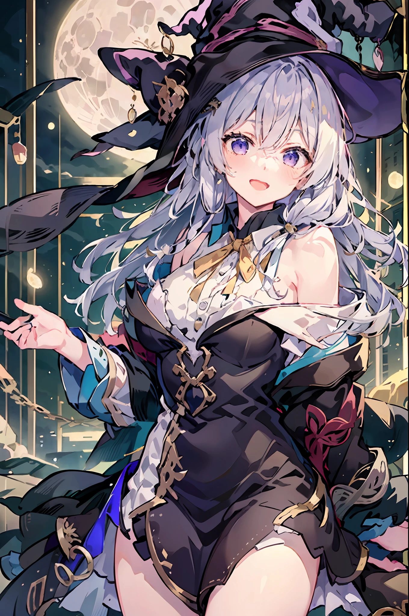 ((Irina)),(((Masterpiece))),(Best Quality))),(Very Detailed)))),bare shoulders, white_collared shirt, yellow ribbon, witch hat, black robe, black skirt, loli, night, moon, shine, :D, delicate hands