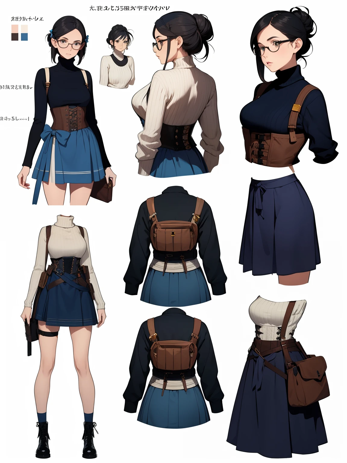 ((masterpiece)),(((best quality))),(character design sheet, same character, front, side, back), elven woman, glasses, black hair in bun, bows, lace, white turtle-neck sweater, white sweater, long colorful skirt, long skirt, satchels, pouches on waist, harness, tool belt, tools, corset, blue, navy, bright blue