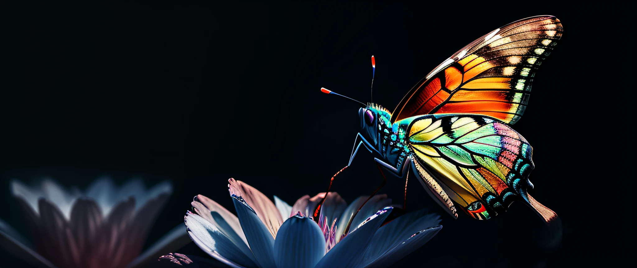 a butterfly, colorful, yang08k, photography, beautiful, black background, masterpieces, top quality, best quality, official art, beautiful and aesthetic, realistic,